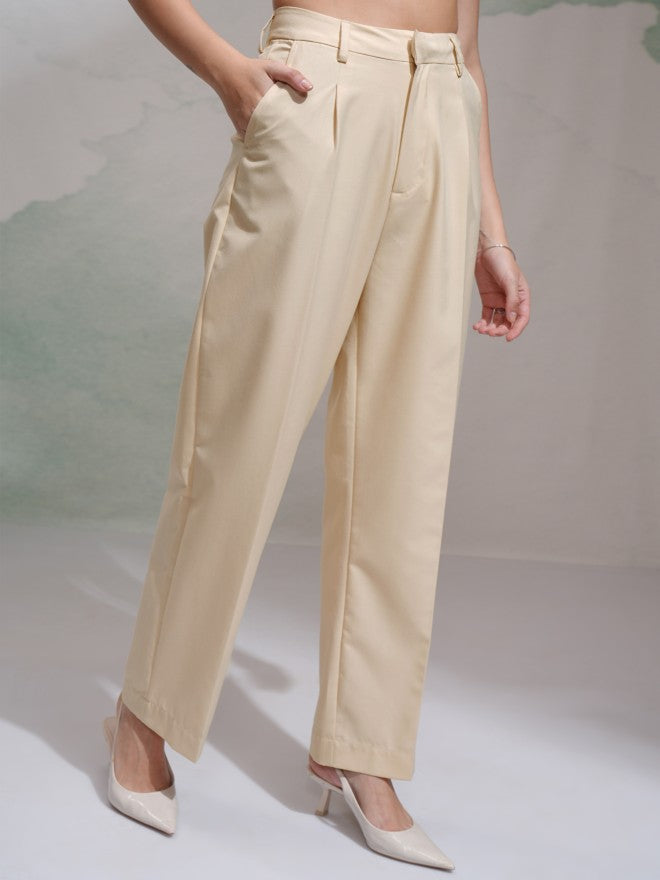 Tokyo Talkies Women Beige Solid Wide Leg Casual Trouser - Beige - Image 6