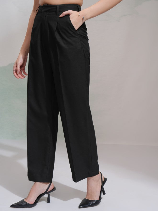 Tokyo Talkies Women Black Solid Wide Leg Casual Trouser - Black - Image 4