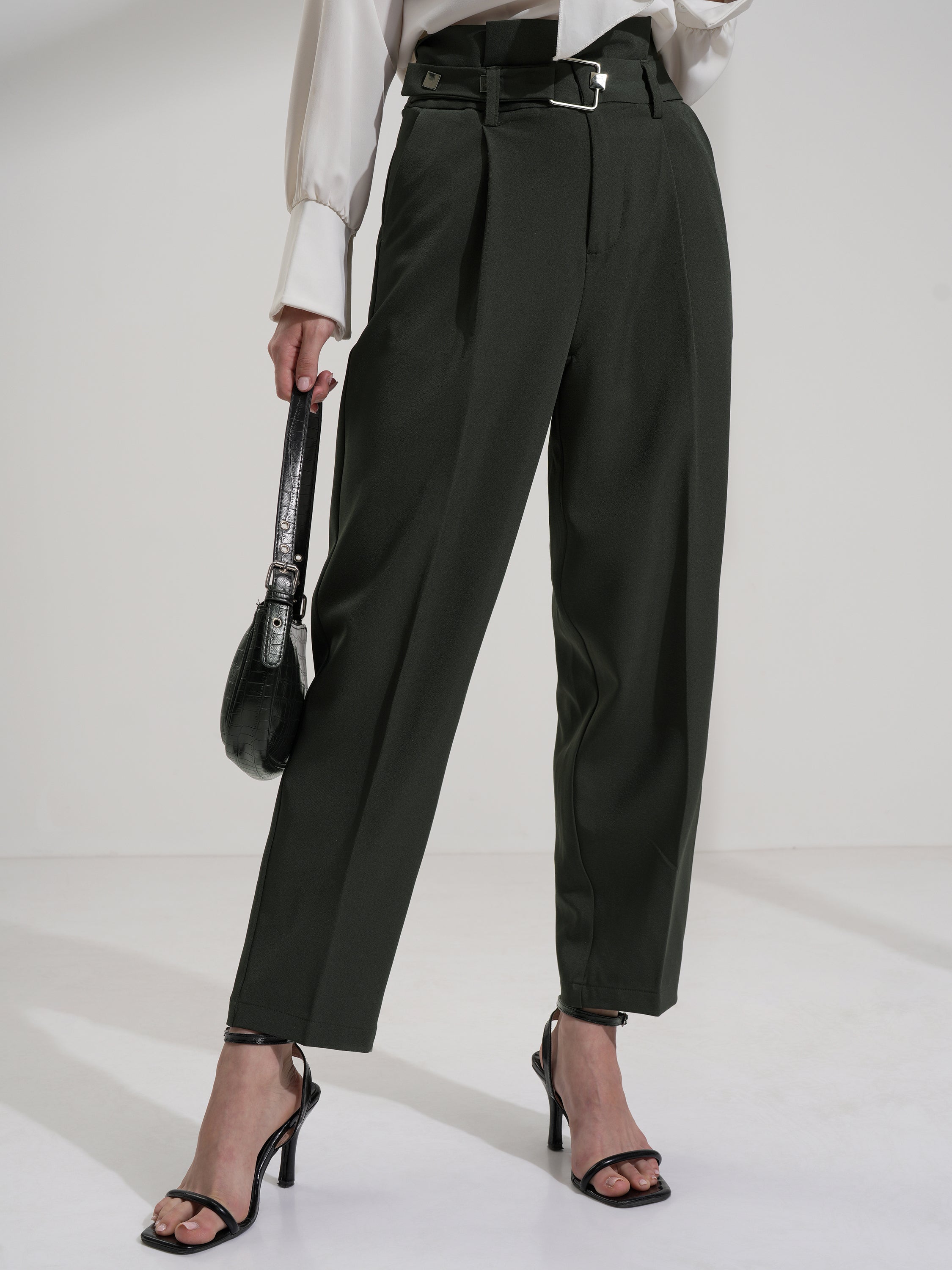 Tokyo Talkies Women Olive Solid Regular Fit Casual Trouser - Olive - Image 1
