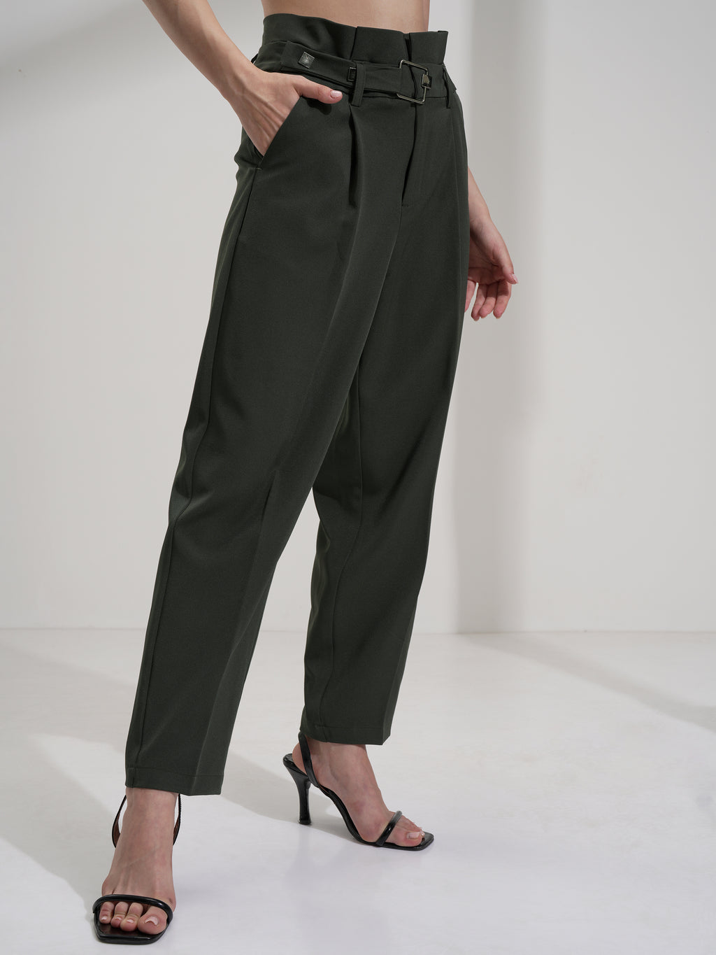 Tokyo Talkies Women Olive Solid Regular Fit Casual Trouser - Olive - Image 6