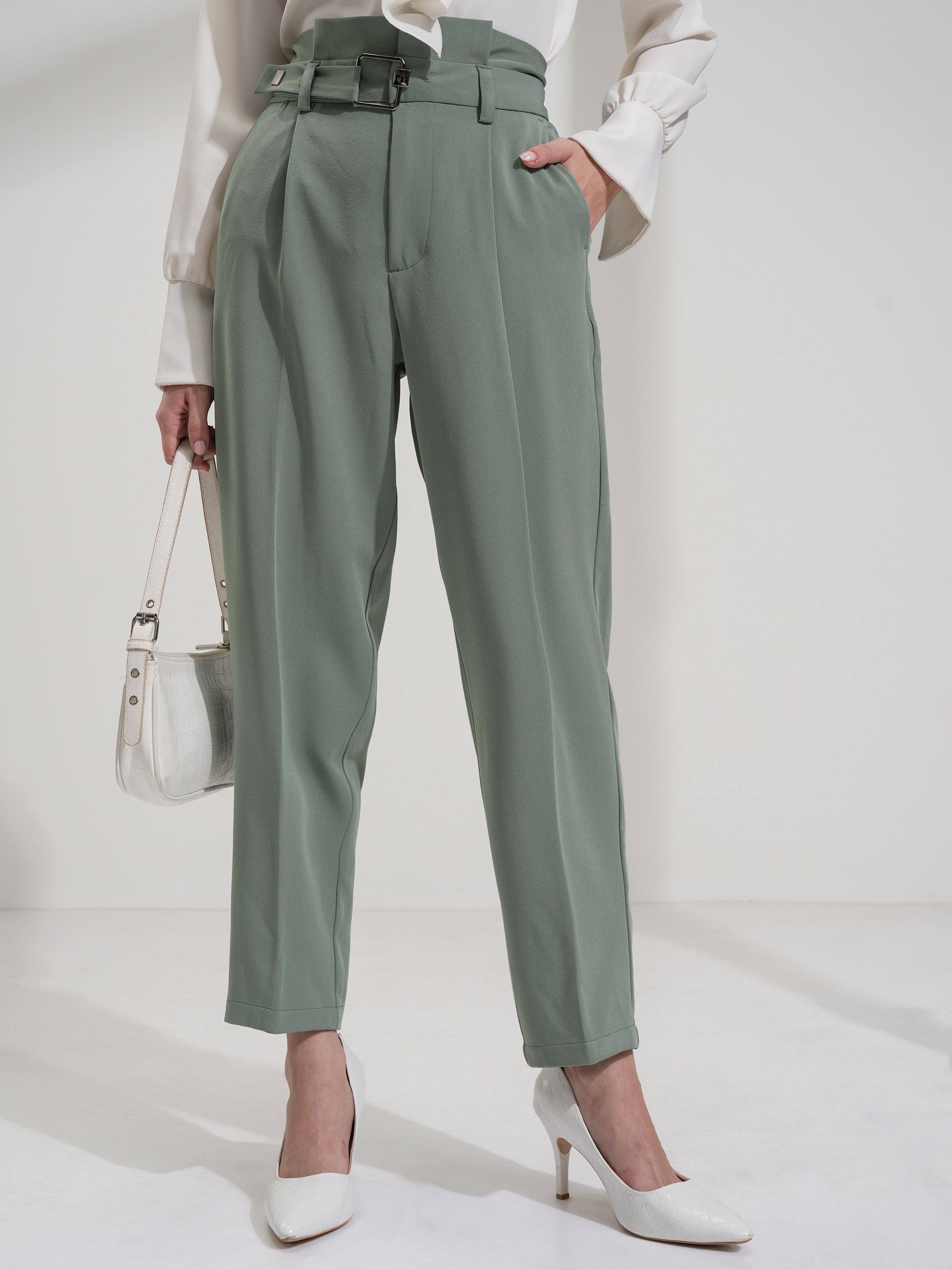 Tokyo Talkies Women Green Solid Regular Fit Casual Trouser - Green - Image 1