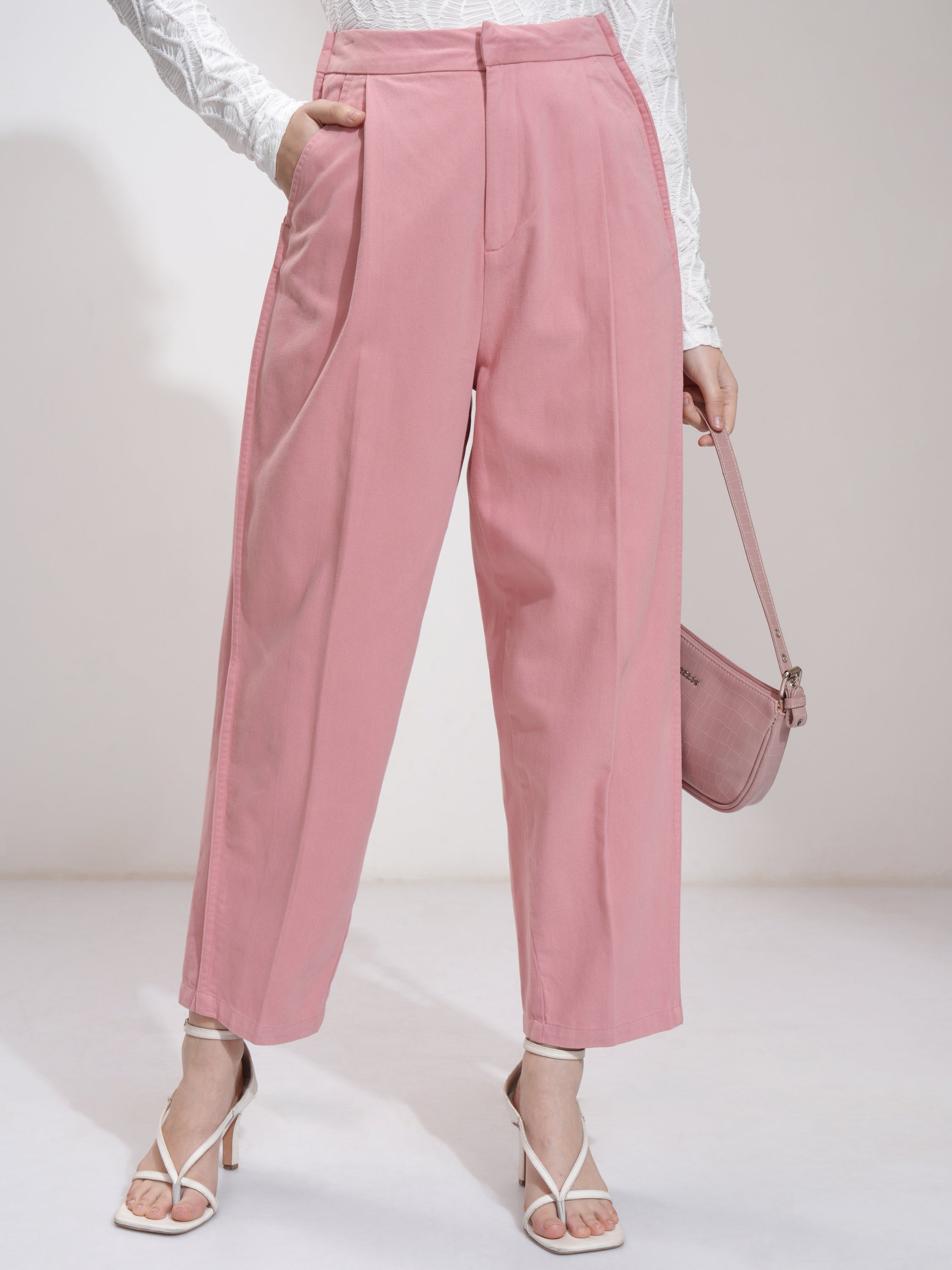 Tokyo Talkies Women Pink Solid Straight Fit Casual Trouser - Pink - Image 1