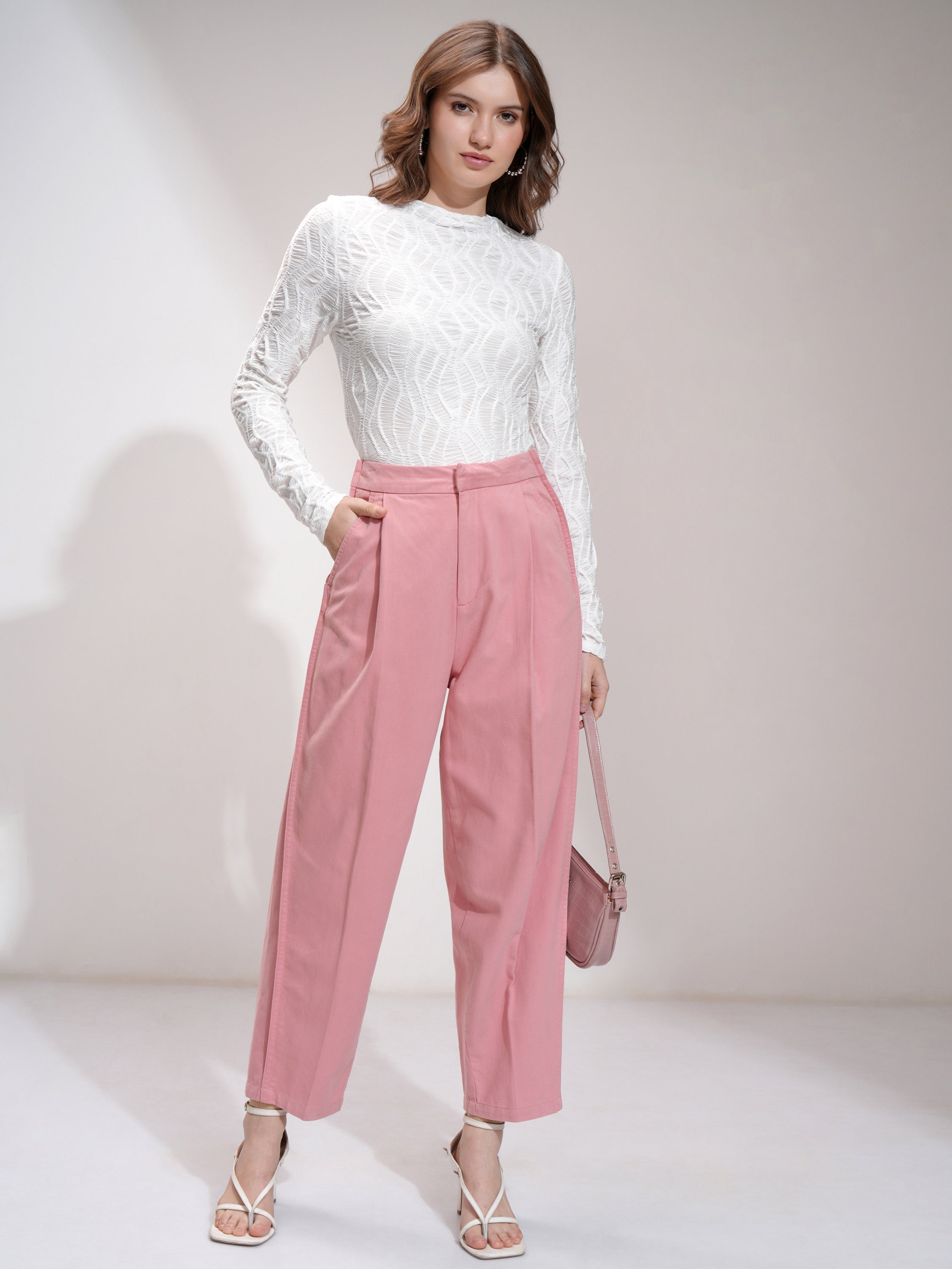 Tokyo Talkies Women Pink Solid Straight Fit Casual Trouser - Pink - Image 2