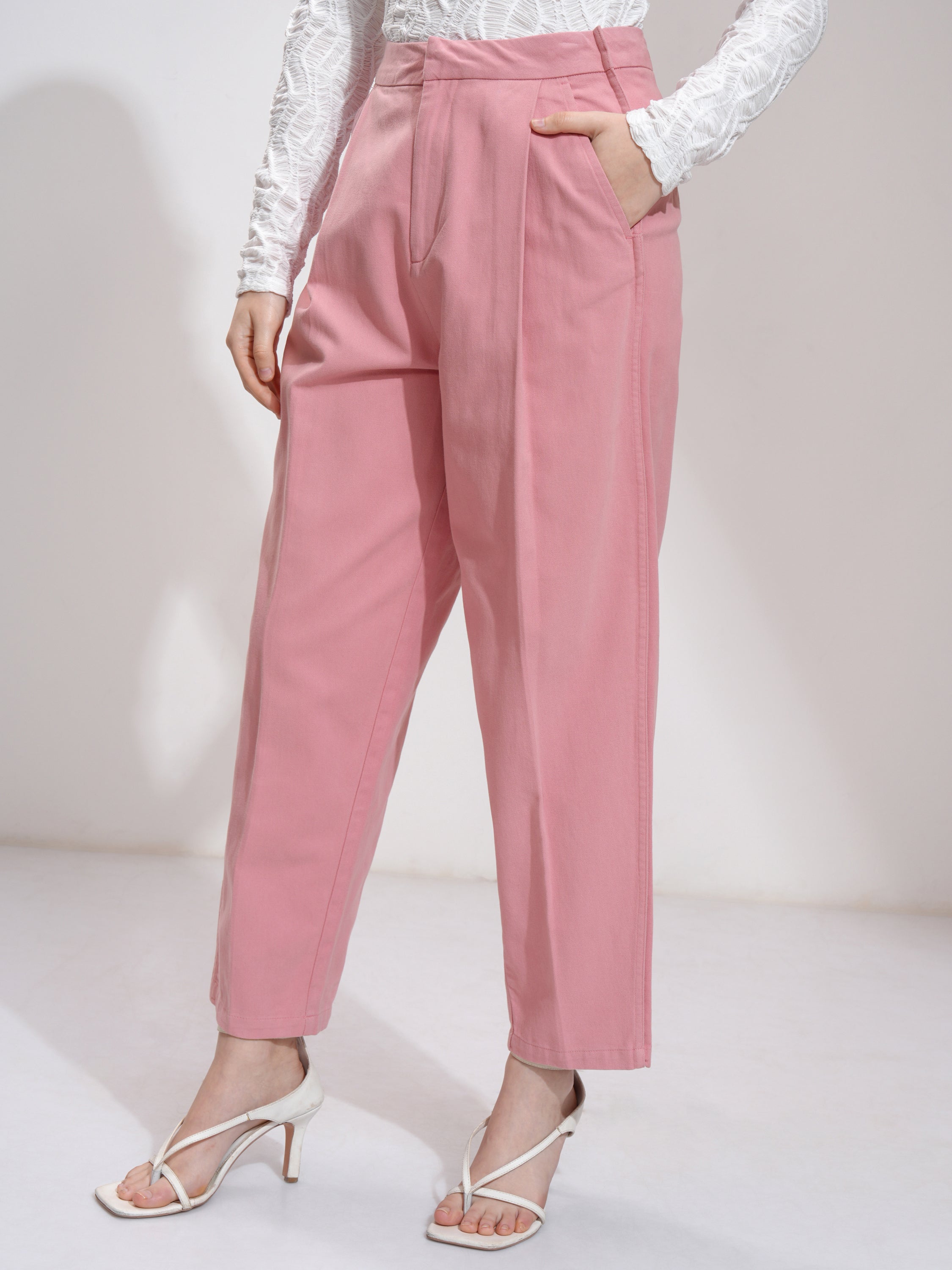 Tokyo Talkies Women Pink Solid Straight Fit Casual Trouser - Pink - Image 4