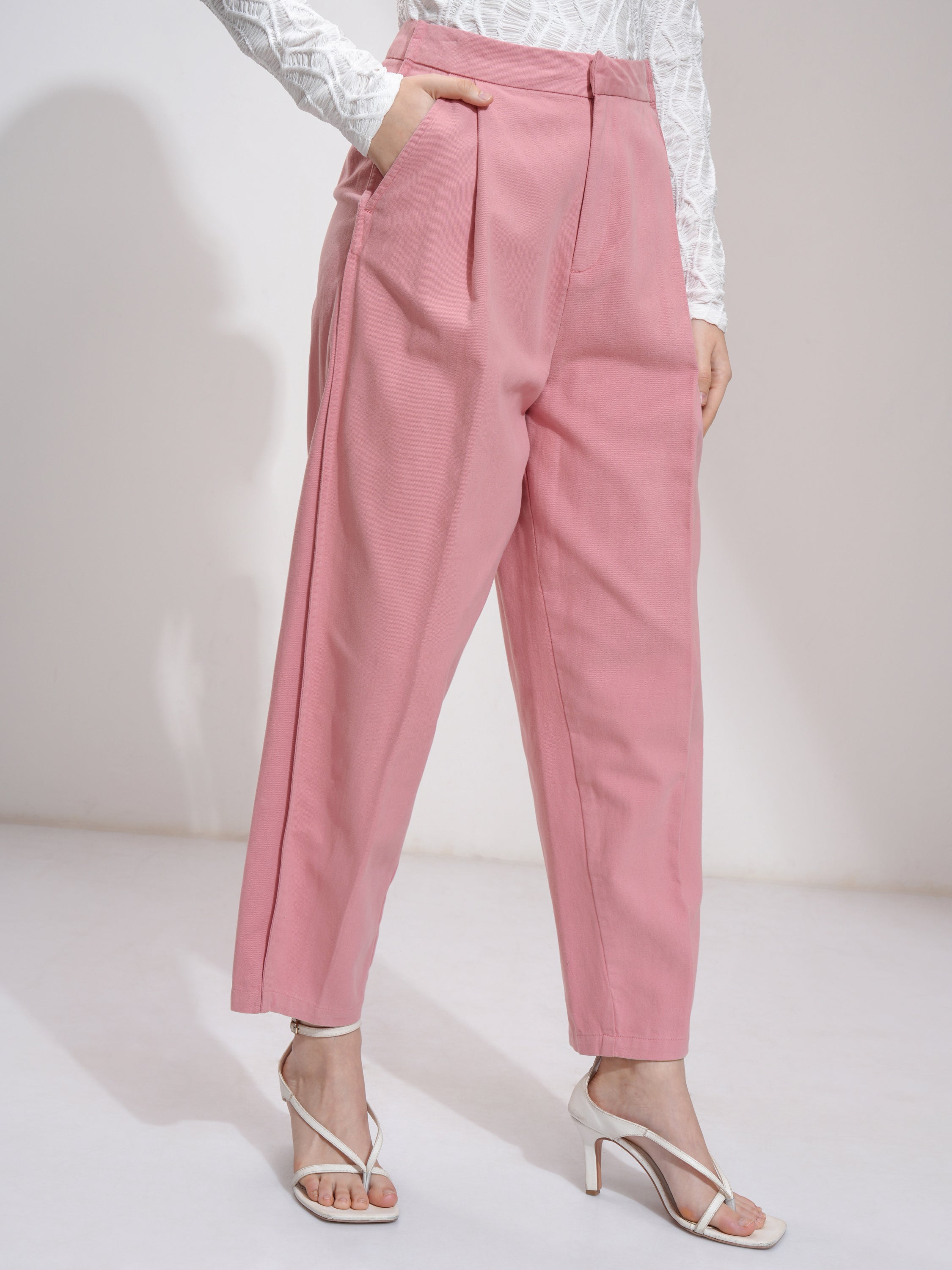 Tokyo Talkies Women Pink Solid Straight Fit Casual Trouser - Pink - Image 6