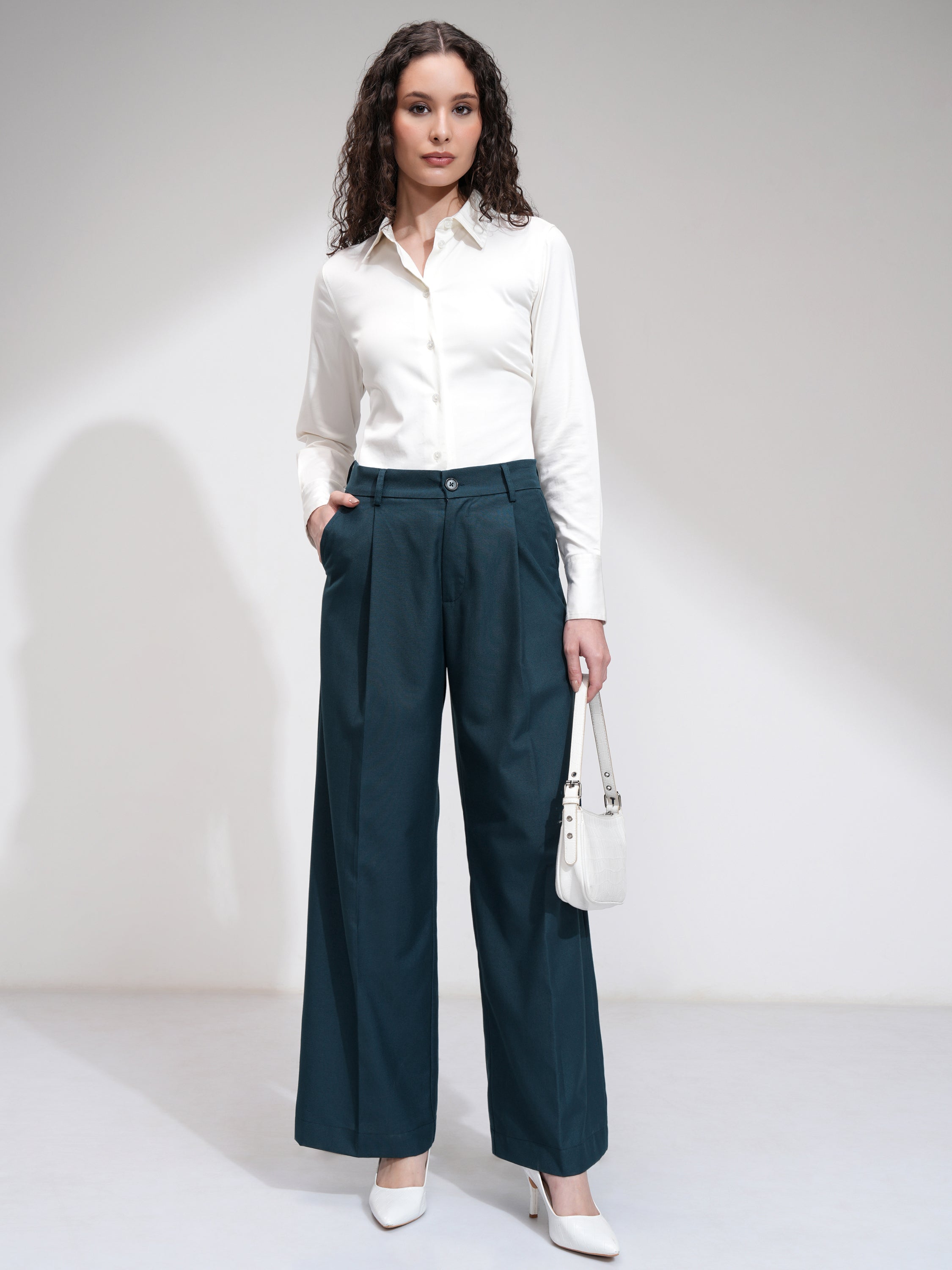 Tokyo Talkies Women Blue Solid Straight Fit Casual Trouser - Blue - Image 2