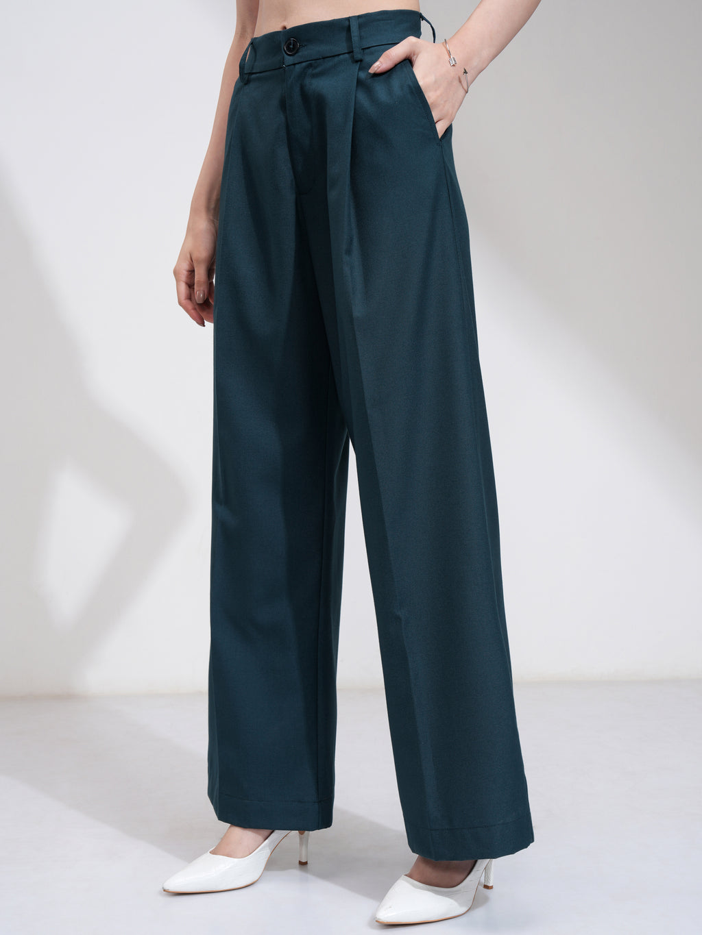 Tokyo Talkies Women Blue Solid Straight Fit Casual Trouser - Blue - Image 4