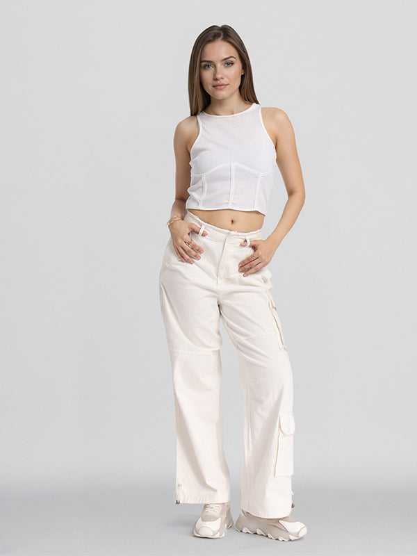 Street By Tokyo Talkies Women Off White Solid Straight Fit Cargos - Off White - Image 2