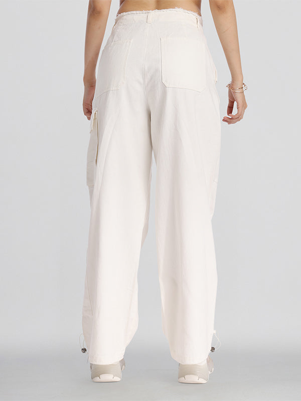 Street By Tokyo Talkies Women Off White Solid Straight Fit Cargos - Off White - Image 3
