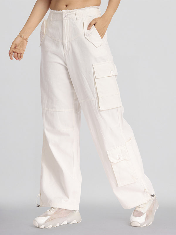 Street By Tokyo Talkies Women Off White Solid Straight Fit Cargos - Off White - Image 4