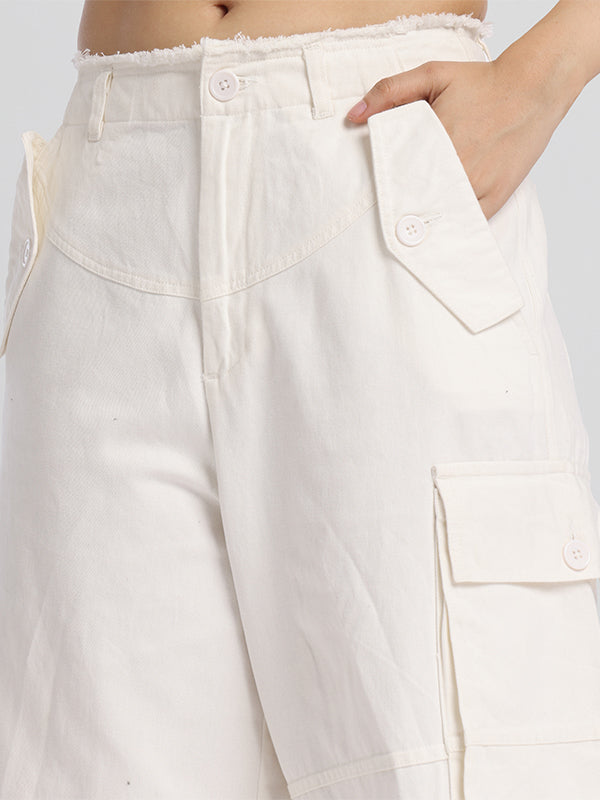 Street By Tokyo Talkies Women Off White Solid Straight Fit Cargos - Off White - Image 5