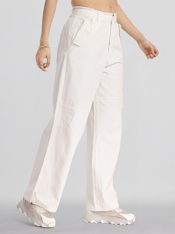 Street By Tokyo Talkies Women Off White Solid Straight Fit Cargos - Off White - Image 6