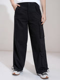Tokyo Talkies Women Black Solid Straight Fit Cargos - Black - Image 1