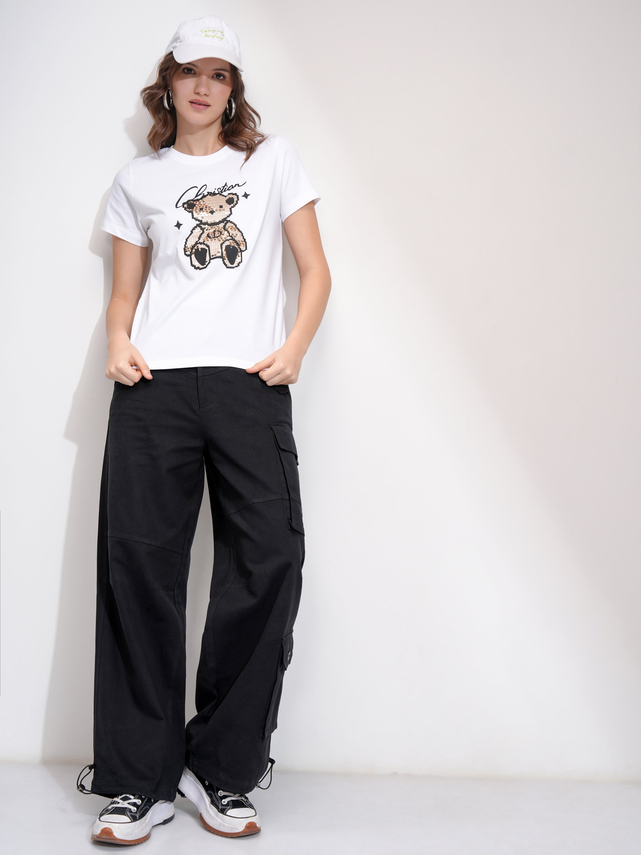 Tokyo Talkies Women Black Solid Straight Fit Cargos - Black - Image 2