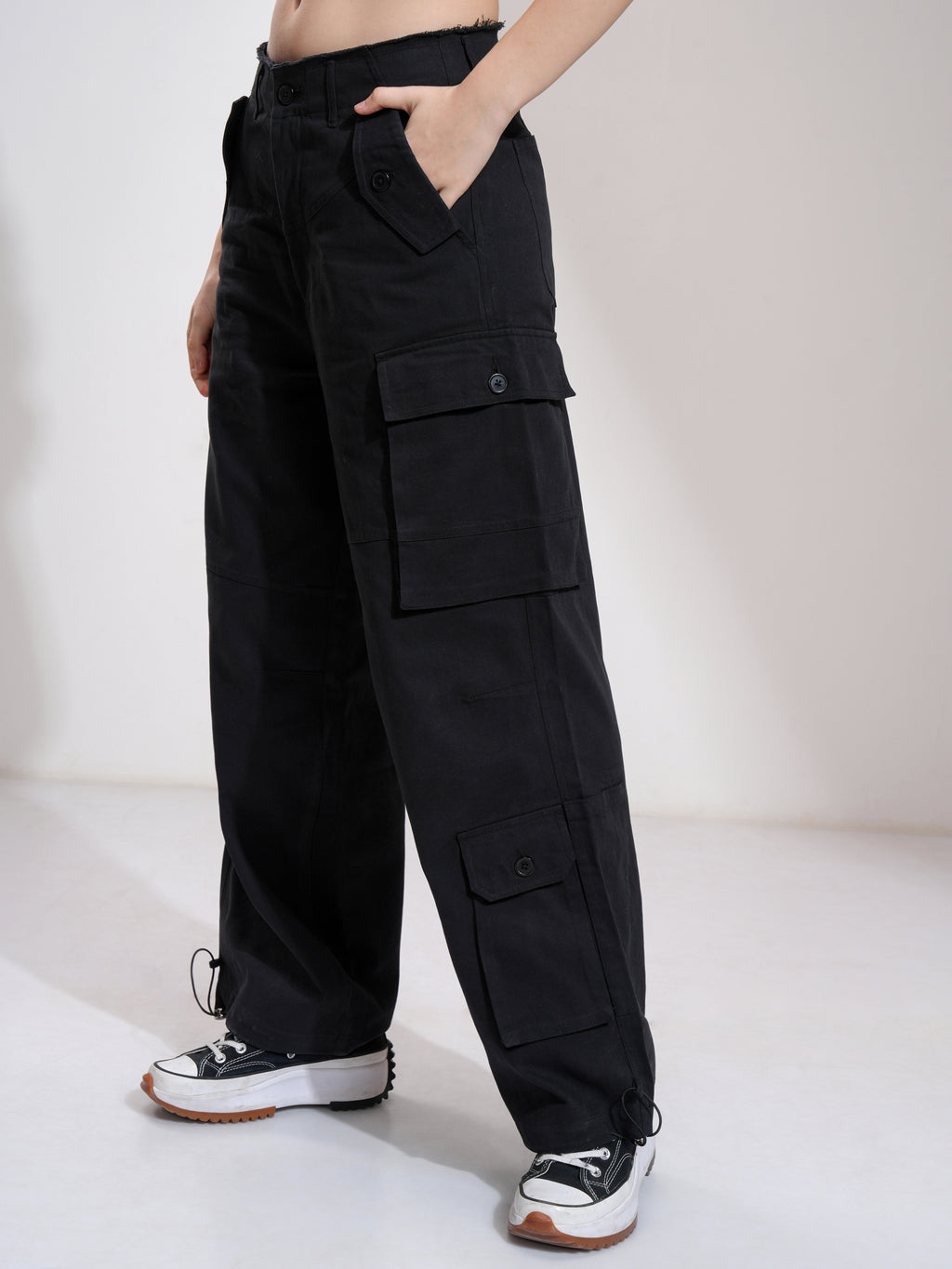Tokyo Talkies Women Black Solid Straight Fit Cargos - Black - Image 4