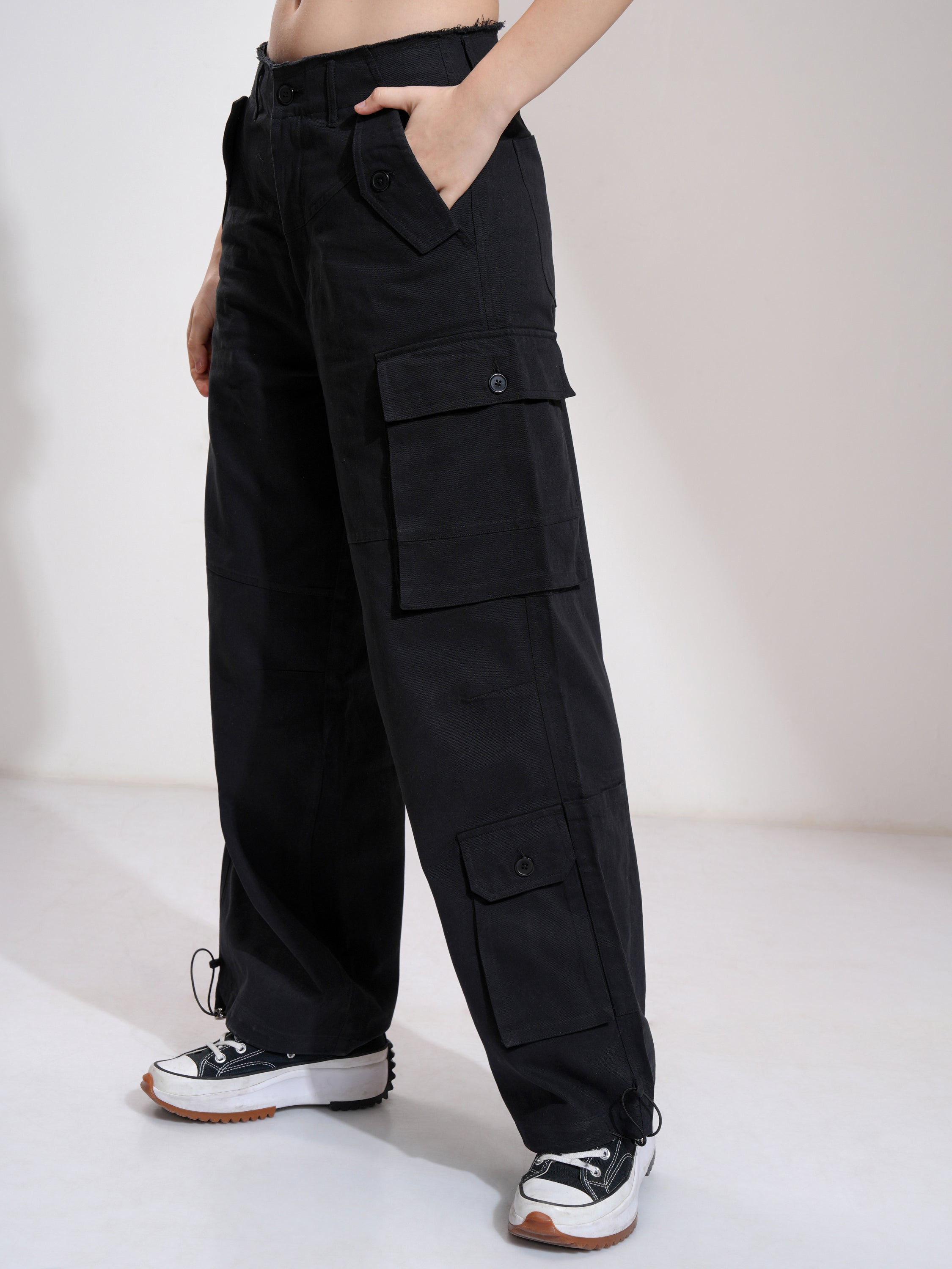 Tokyo Talkies Women Black Solid Straight Fit Cargos - Black - Image 4