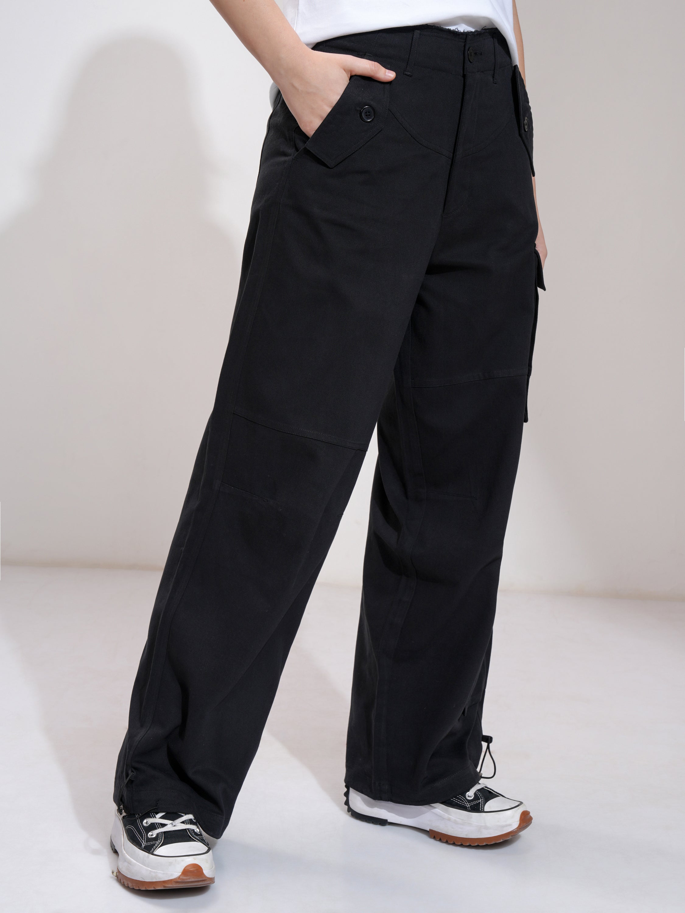 Tokyo Talkies Women Black Solid Straight Fit Cargos - Black - Image 6