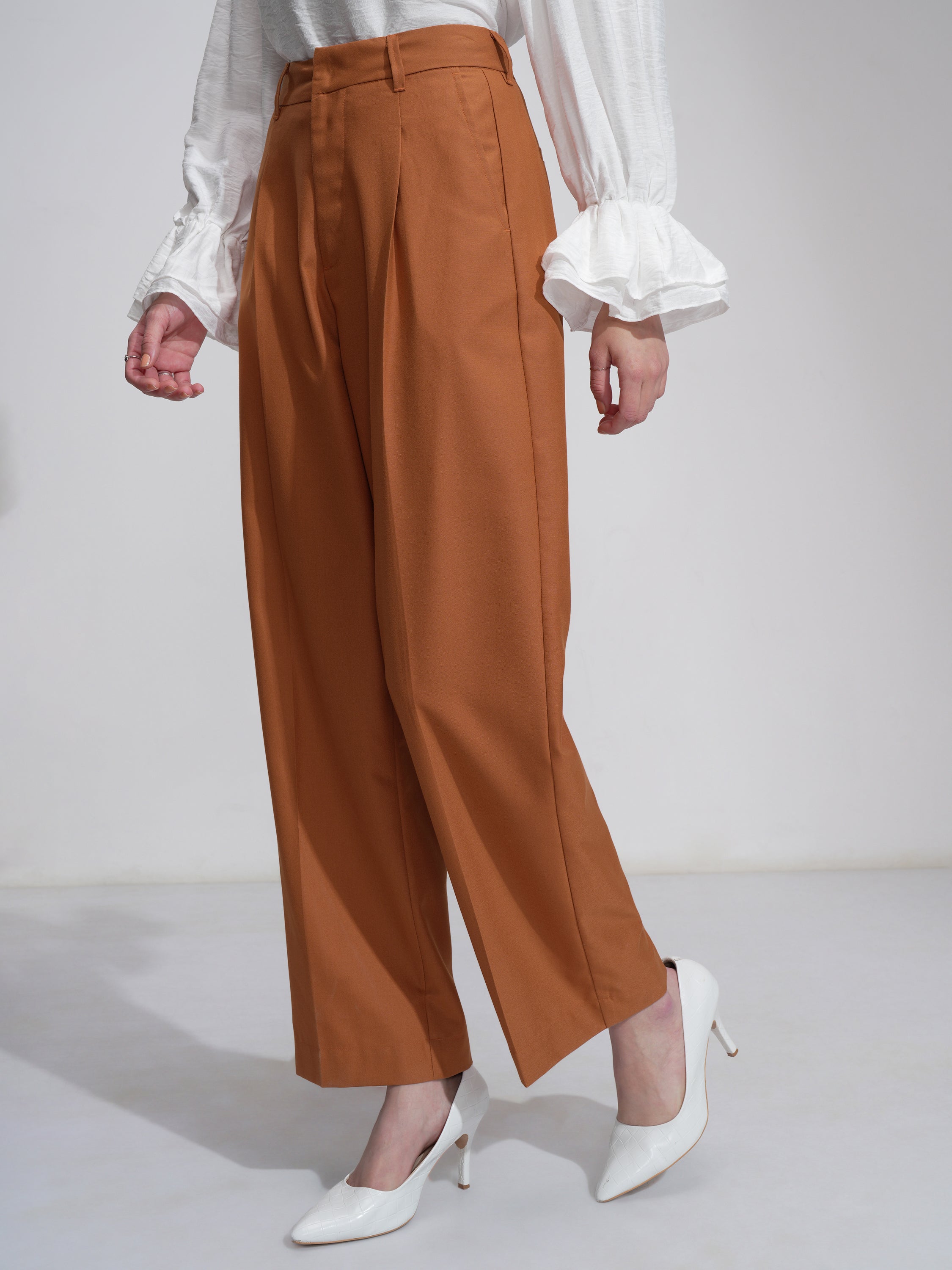 Tokyo Talkies Women Rust Solid Wide Leg Casual Trouser - Rust - Image 4