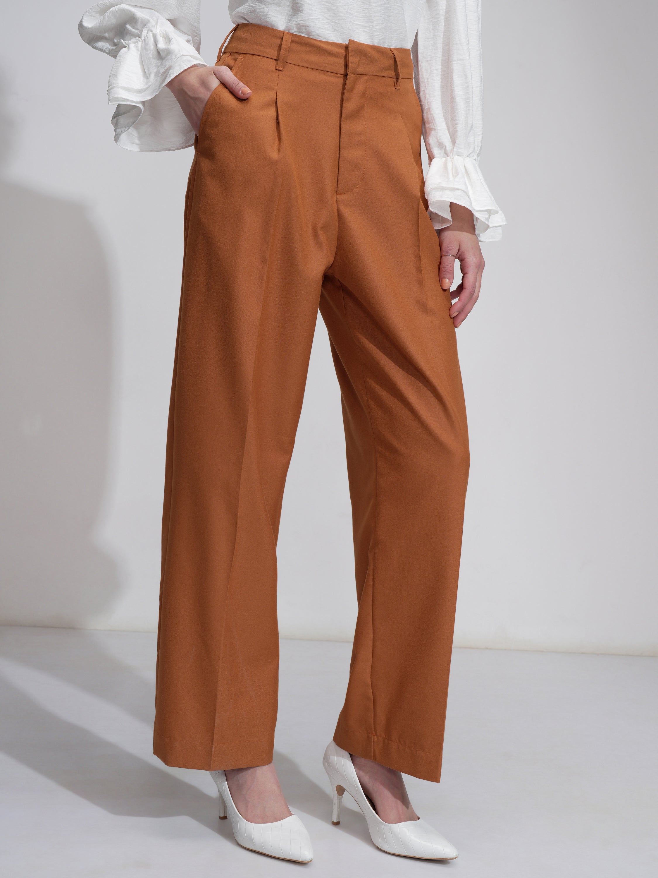 Tokyo Talkies Women Rust Solid Wide Leg Casual Trouser - Rust - Image 6