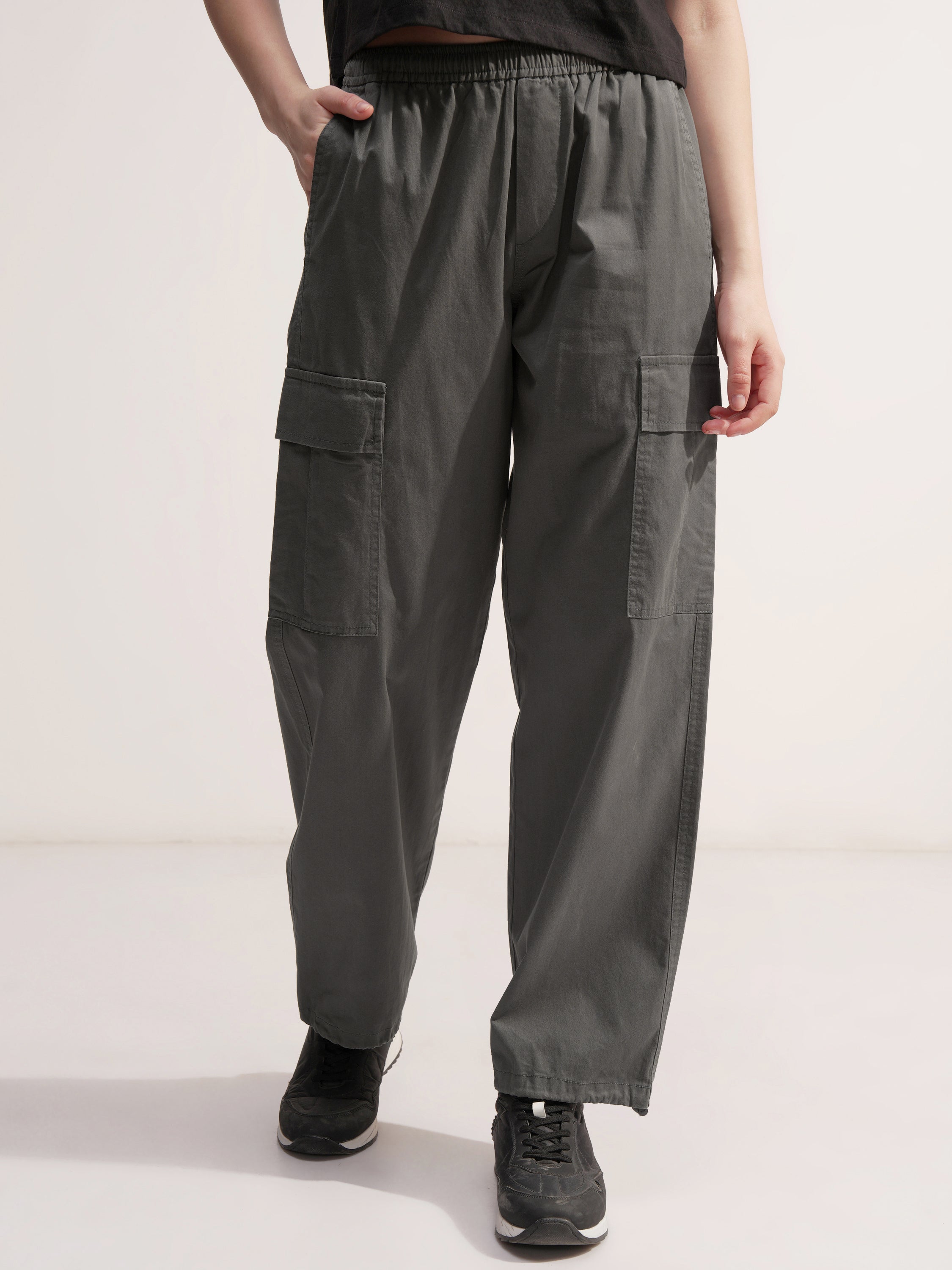 Tokyo Talkies Women Grey Solid Regular Fit Cargos - Grey - Image 1