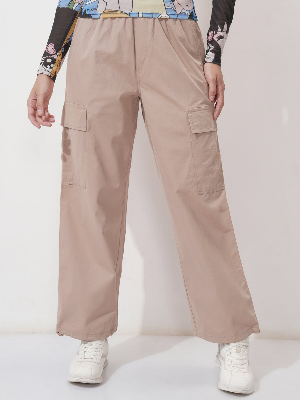 Tokyo Talkies Women Beige Solid Regular Fit Cargos - Beige - Image 1