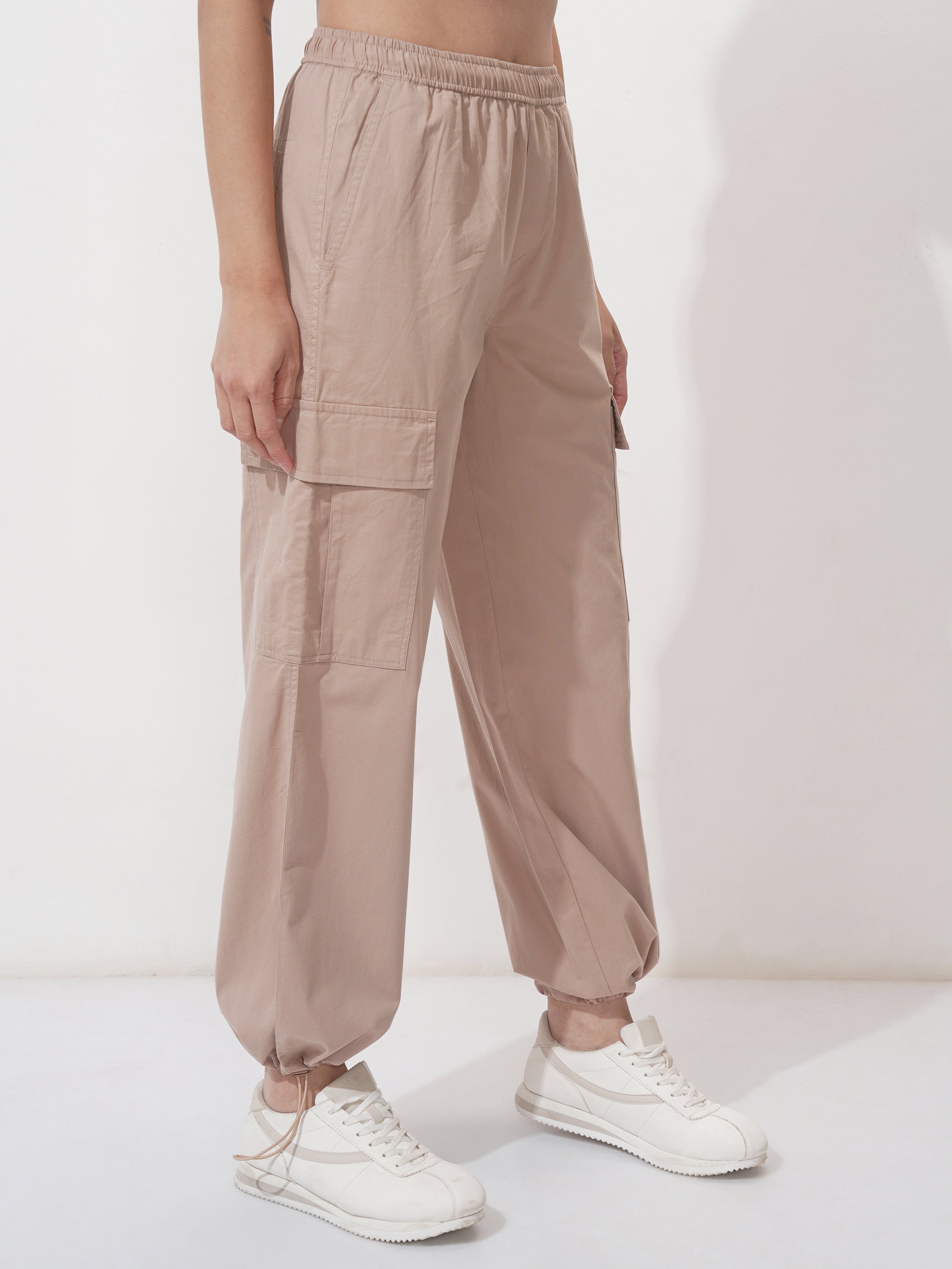Tokyo Talkies Women Beige Solid Regular Fit Cargos - Beige - Image 6