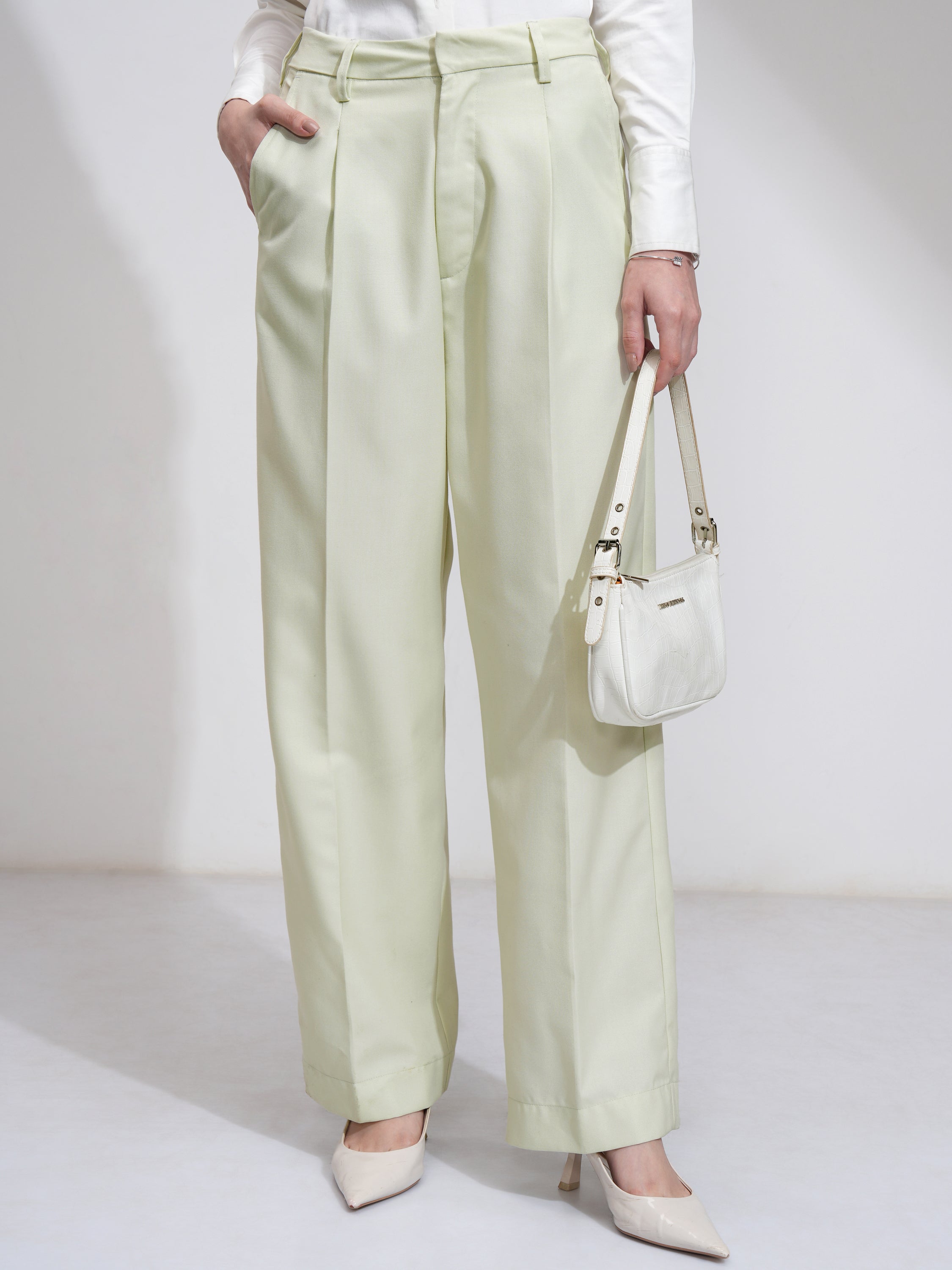 Tokyo Talkies Women Green Solid Flared Casual Trouser - Green - Image 1
