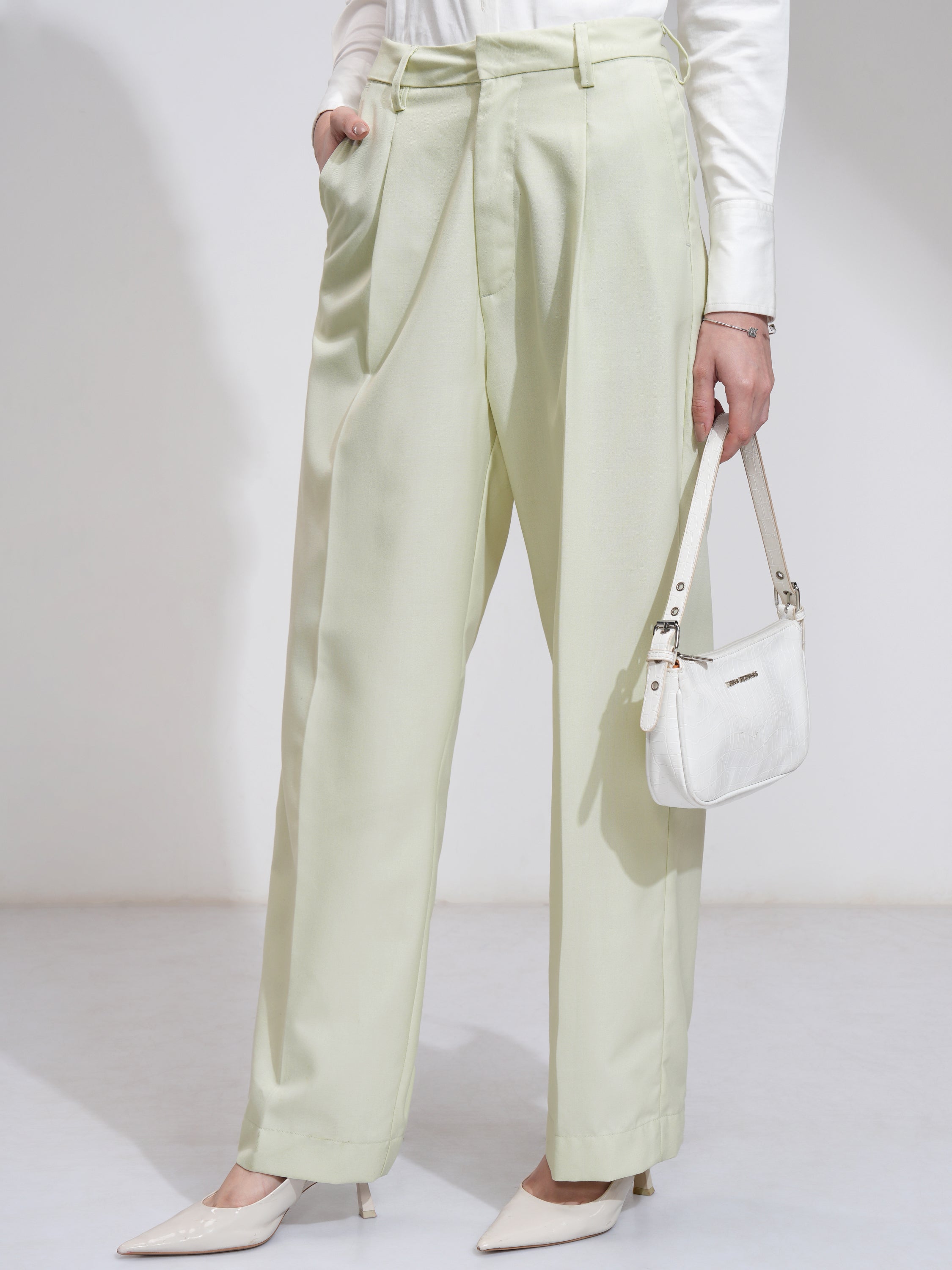 Tokyo Talkies Women Green Solid Flared Casual Trouser - Green - Image 4