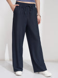 Tokyo Talkies Women Navy Blue Solid Straight Fit Casual Trouser - Navy Blue - Image 1