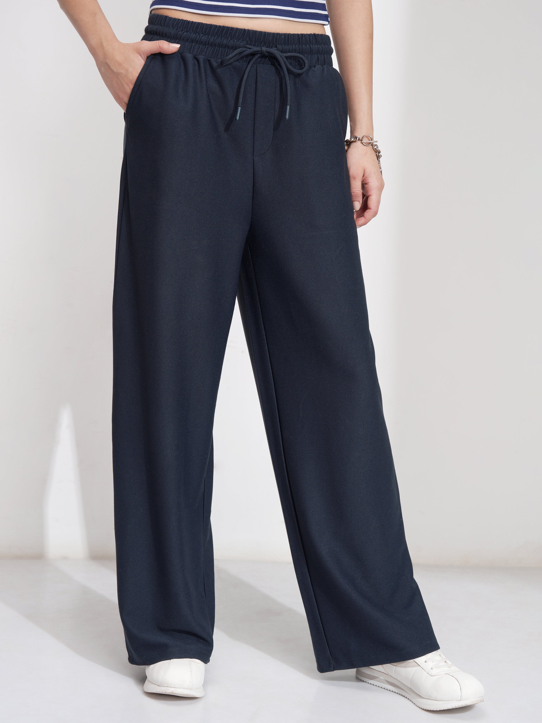 Tokyo Talkies Women Navy Blue Solid Straight Fit Casual Trouser - Navy Blue - Image 1