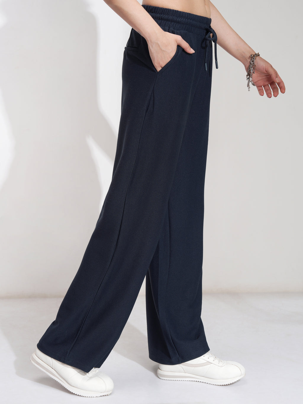 Tokyo Talkies Women Navy Blue Solid Straight Fit Casual Trouser - Navy Blue - Image 6