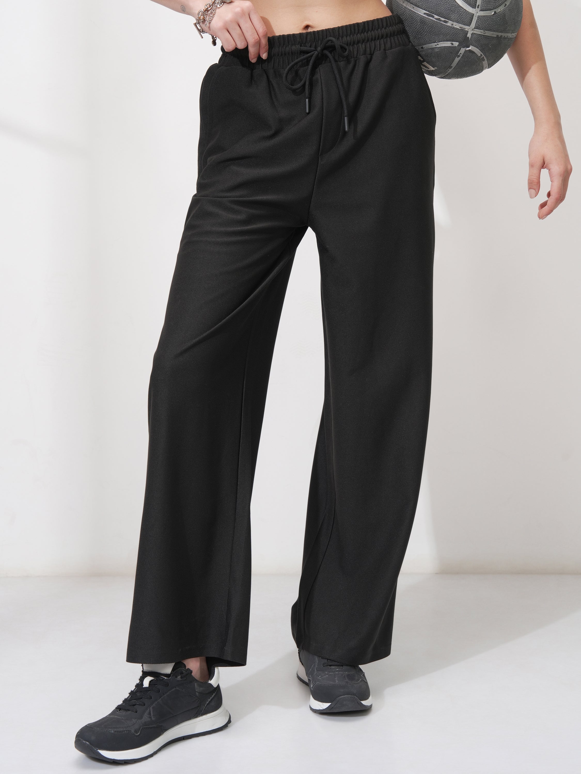 Tokyo Talkies Women Black Solid Straight Fit Casual Trousers - Black - Image 1