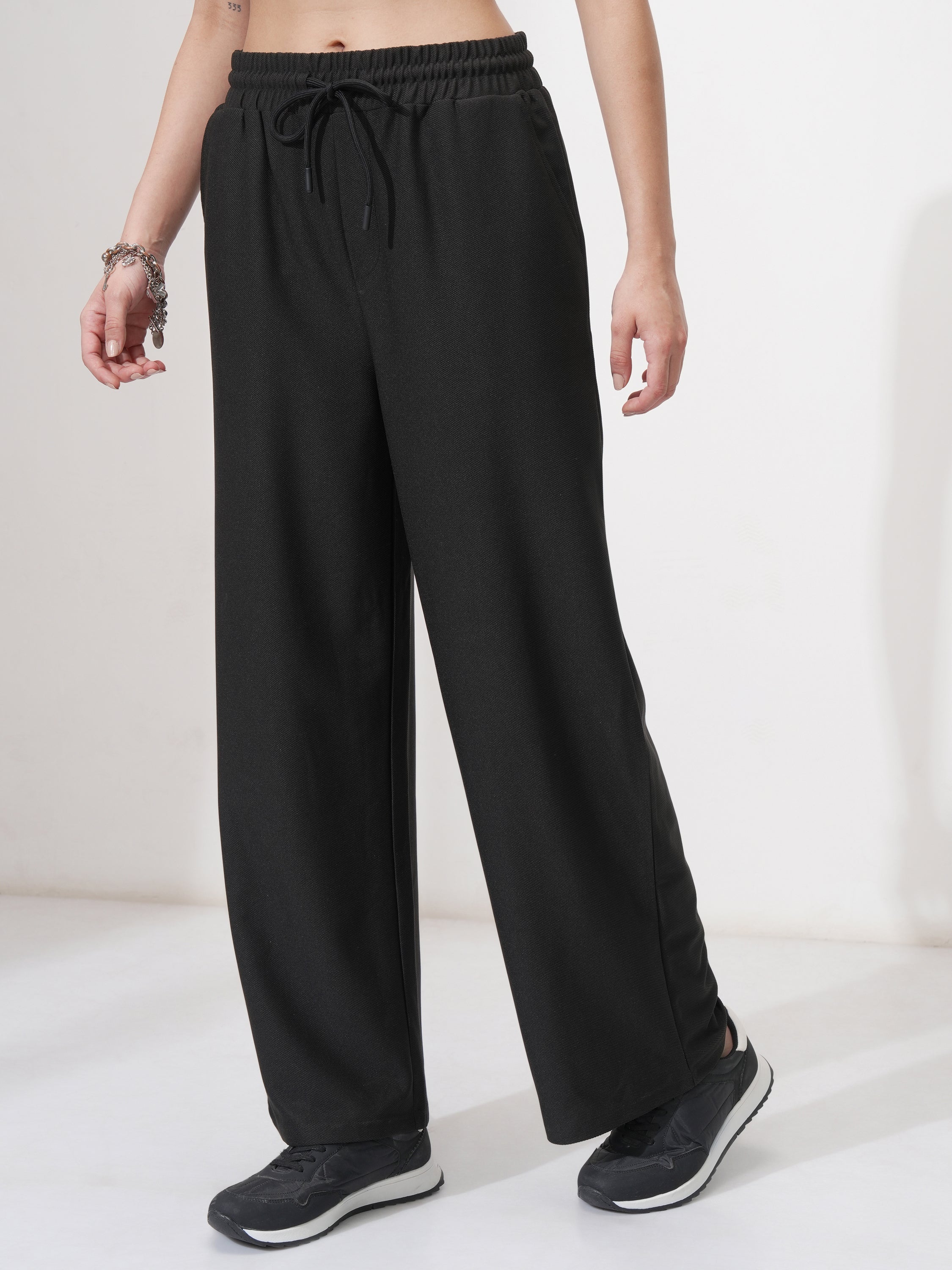 Tokyo Talkies Women Black Solid Straight Fit Casual Trousers - Black - Image 4