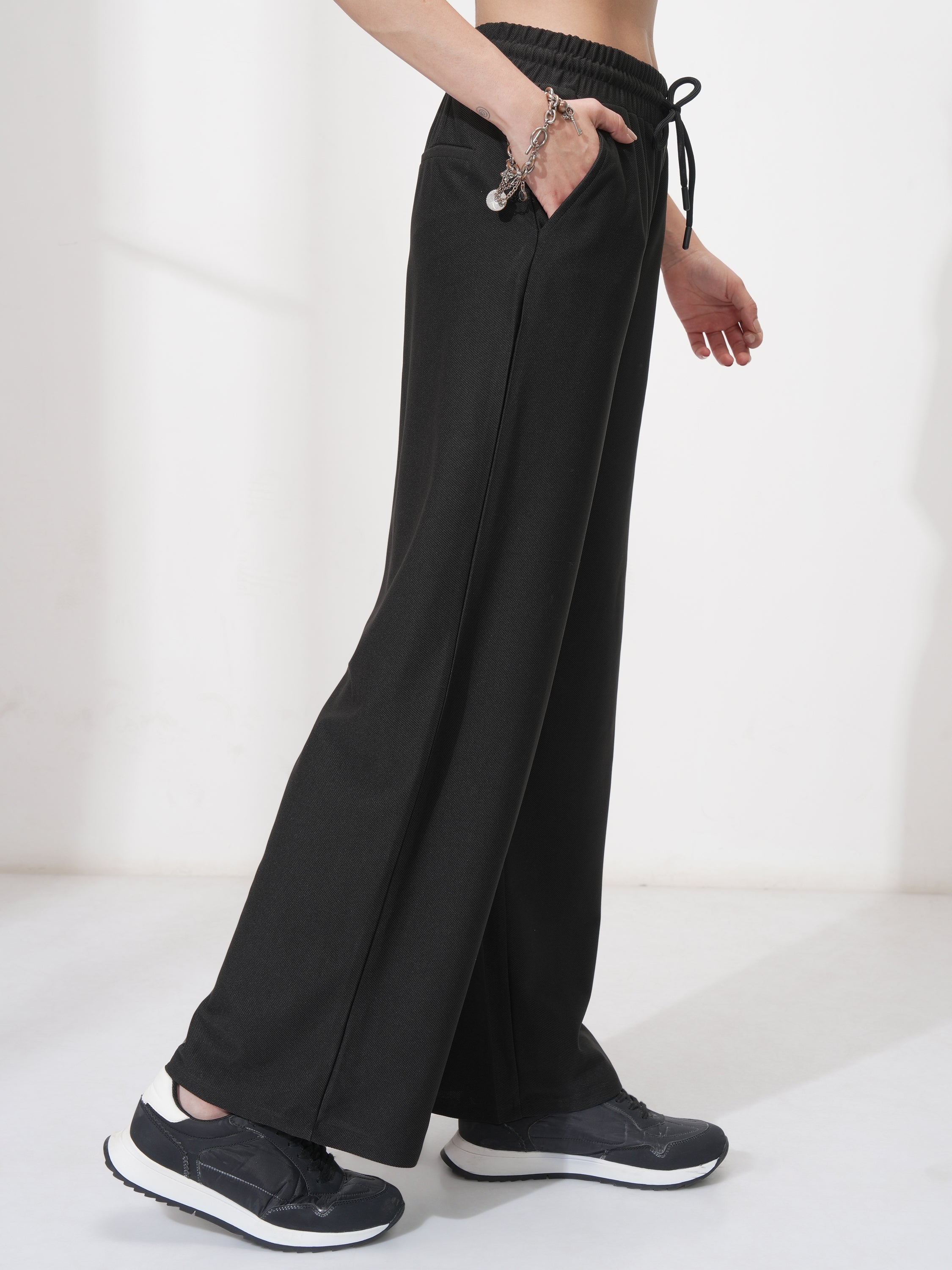 Tokyo Talkies Women Black Solid Straight Fit Casual Trousers - Black - Image 6