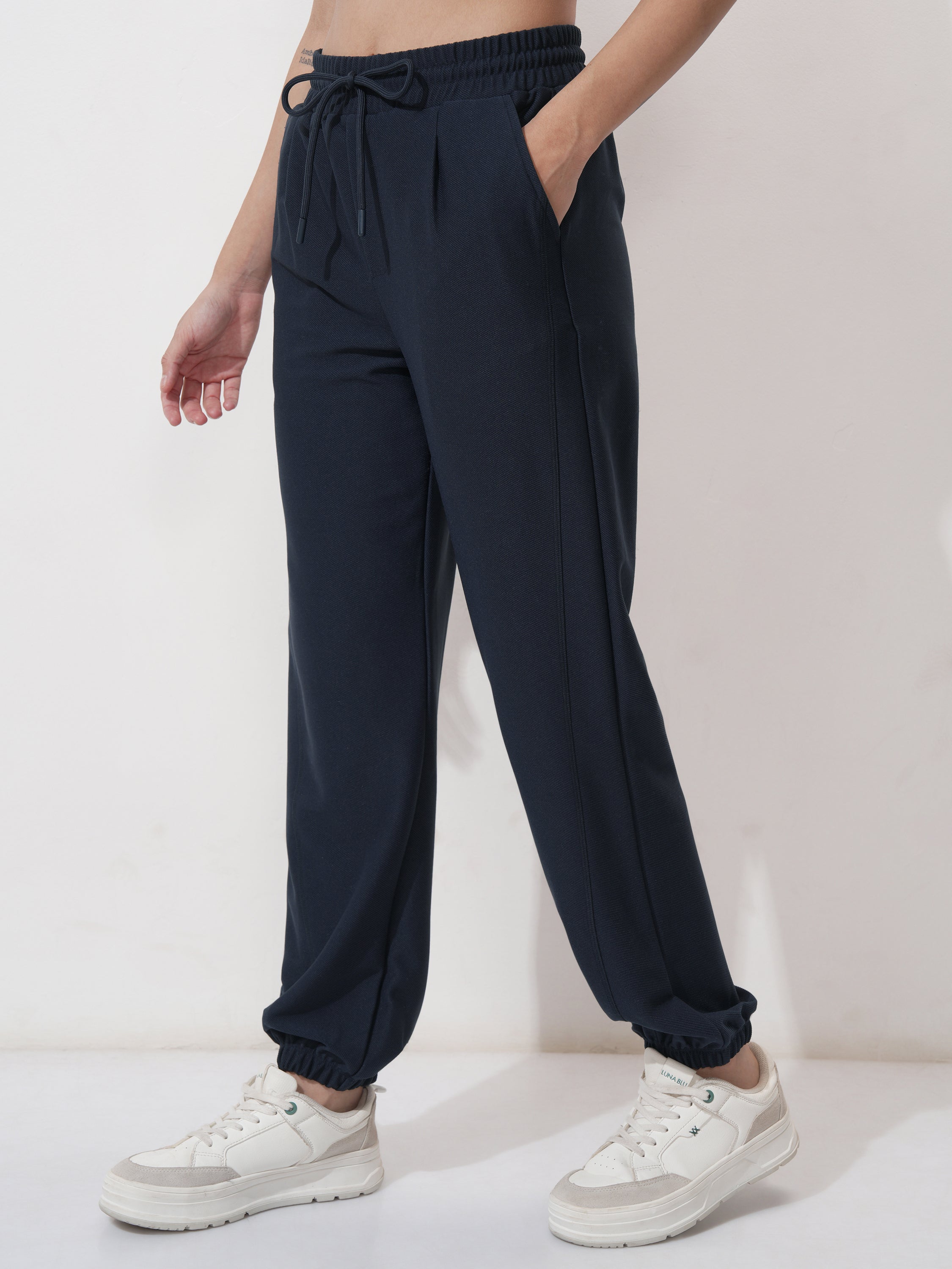 Tokyo Talkies Women Navy Blue Solid Regular Fit Joggers - Navy Blue - Image 4