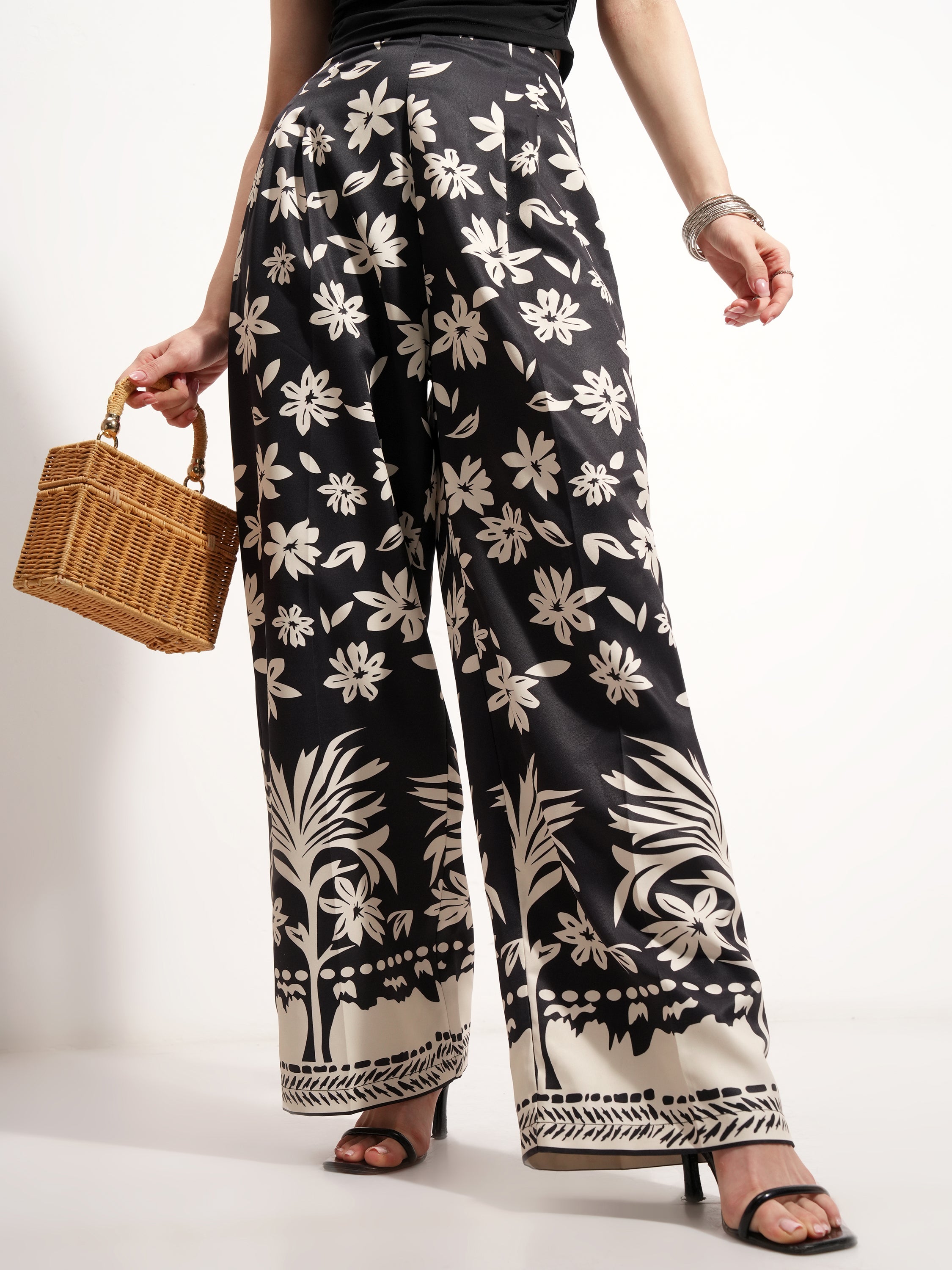 Tokyo Talkies Women Black Printed Baggy Casual Trouser - Black - Image 1