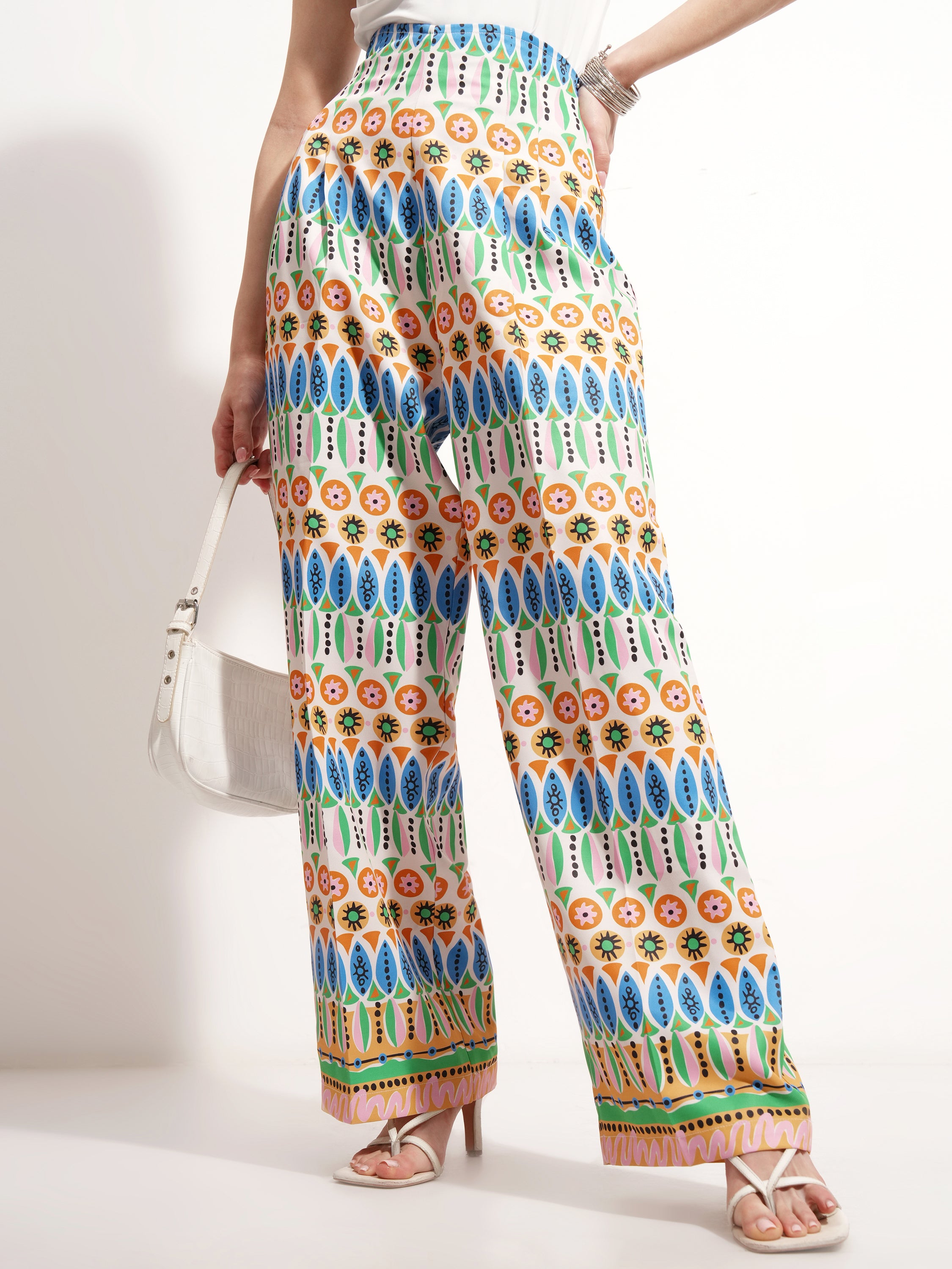 Tokyo Talkies Women Off White Printed Baggy Casual Trouser - Off White - Image 1