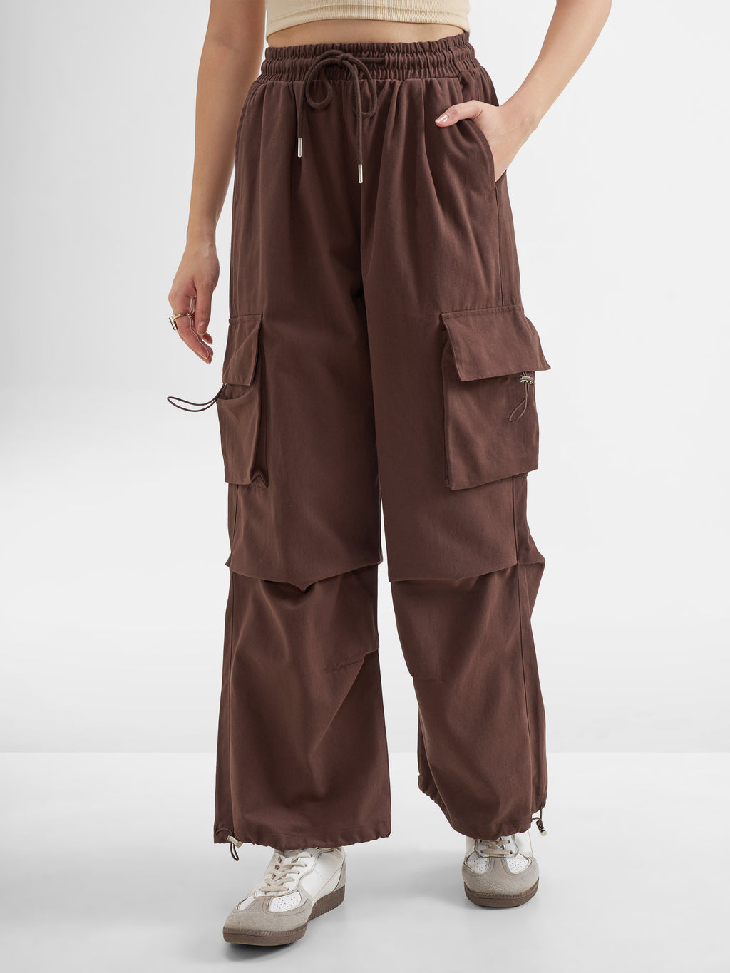 Tokyo Talkies Women Brown Solid Regular Fit Cargos - Brown - Image 1