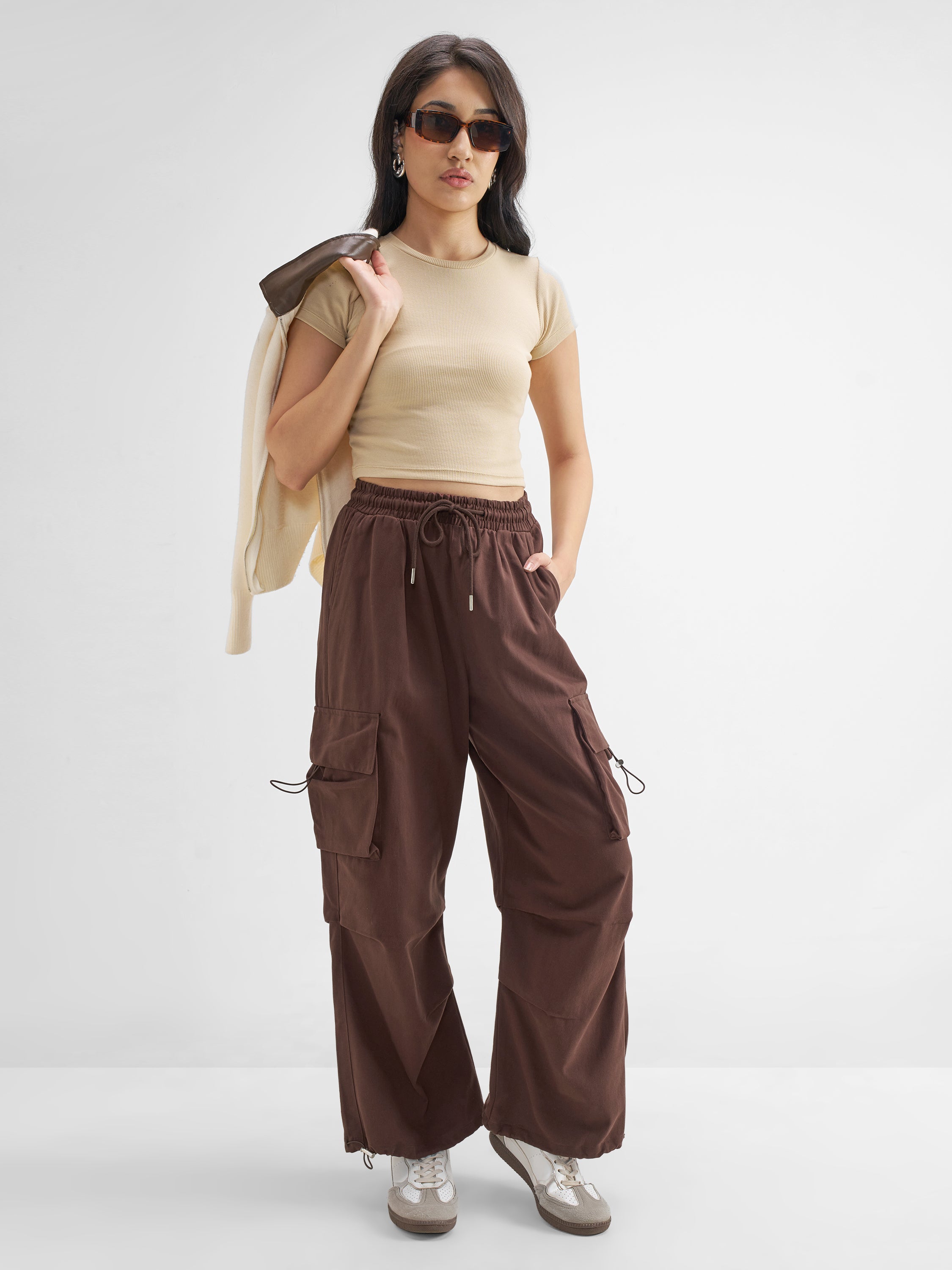 Tokyo Talkies Women Brown Solid Regular Fit Cargos - Brown - Image 2