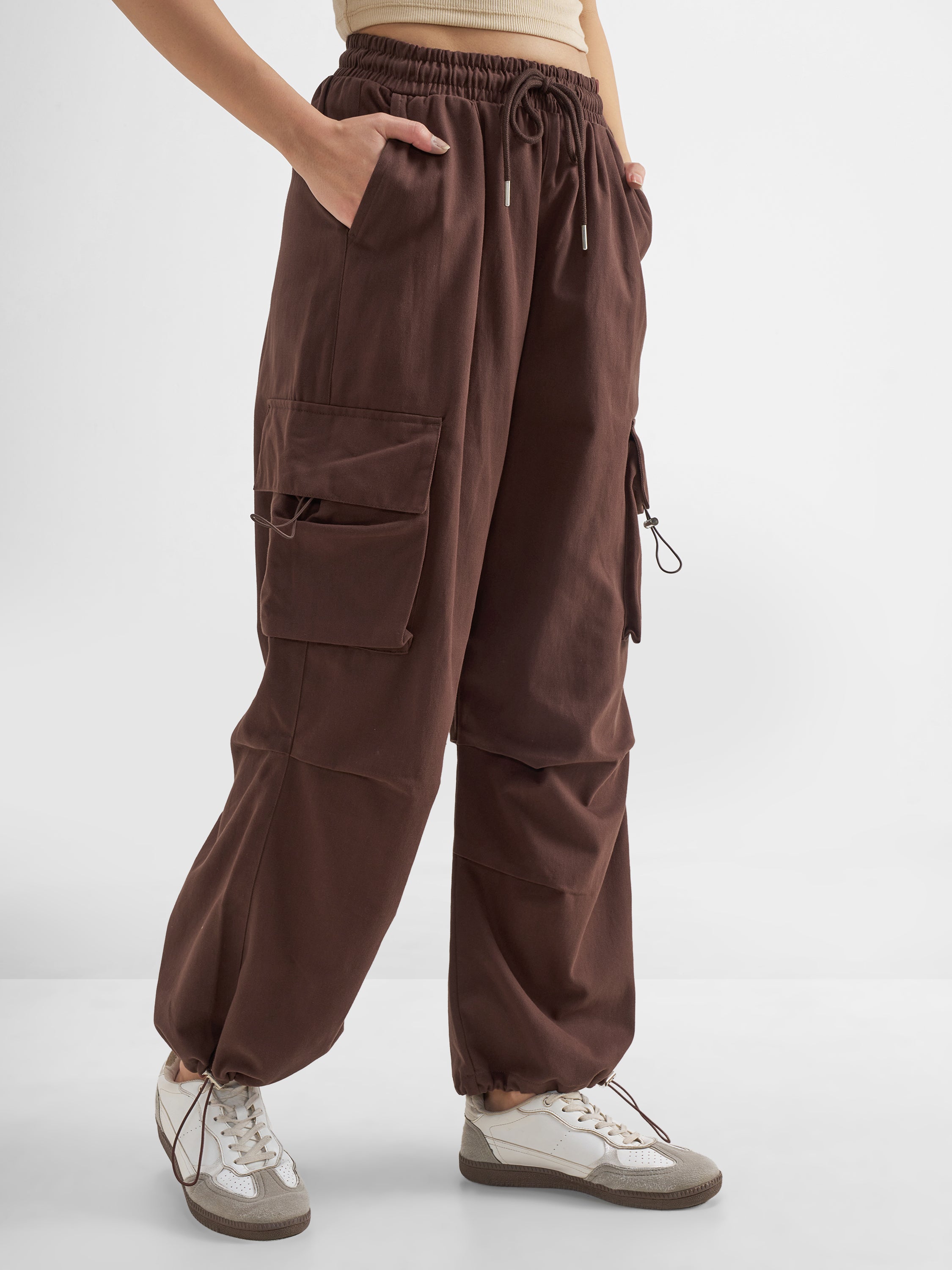 Tokyo Talkies Women Brown Solid Regular Fit Cargos - Brown - Image 6