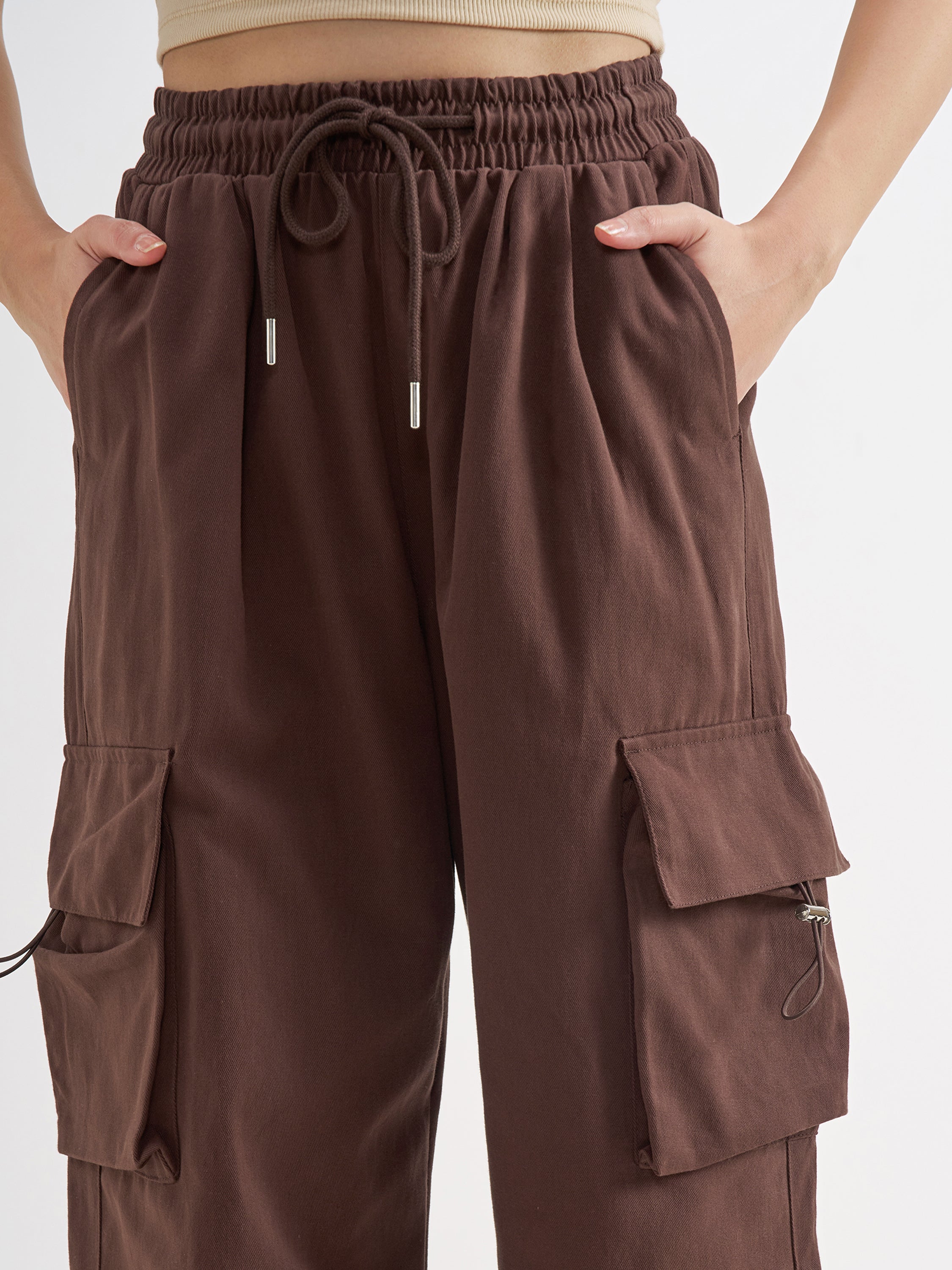 Tokyo Talkies Women Brown Solid Regular Fit Cargos - Brown - Image 7
