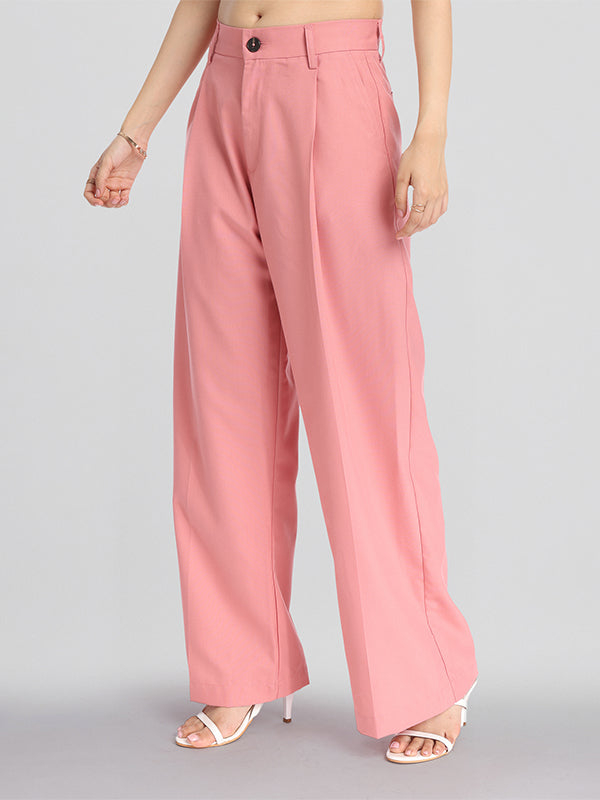 Chic By Tokyo Talkies Women Pink Solid Straight Fit Casual Trouser - Pink - Image 1