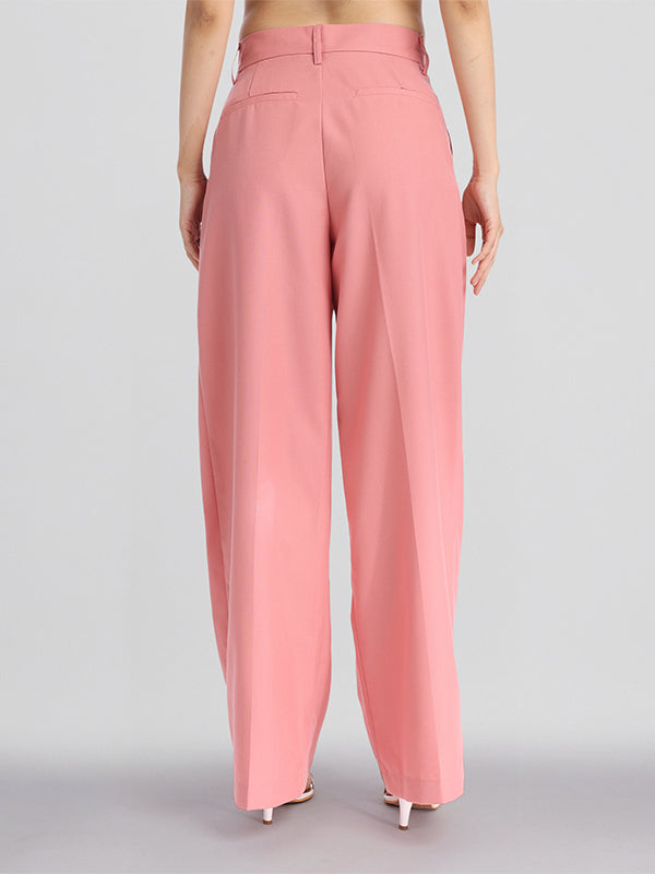 Chic By Tokyo Talkies Women Pink Solid Straight Fit Casual Trouser - Pink - Image 3