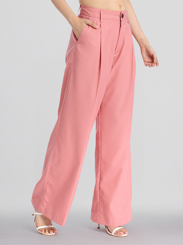 Chic By Tokyo Talkies Women Pink Solid Straight Fit Casual Trouser - Pink - Image 4