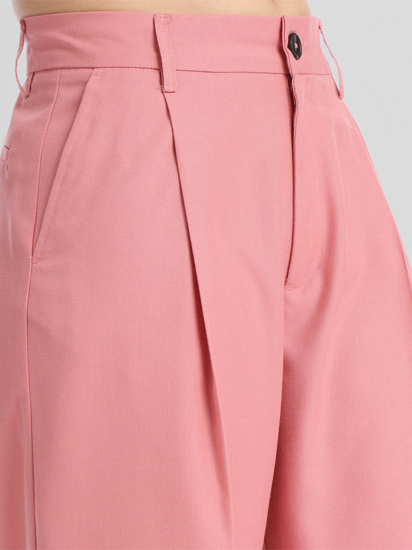 Chic By Tokyo Talkies Women Pink Solid Straight Fit Casual Trouser - Pink - Image 5