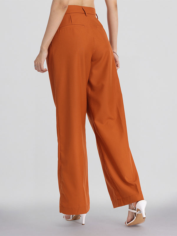 Chic By Tokyo Talkies Women Rust Solid Straight Fit Casual Trouser - Rust - Image 3