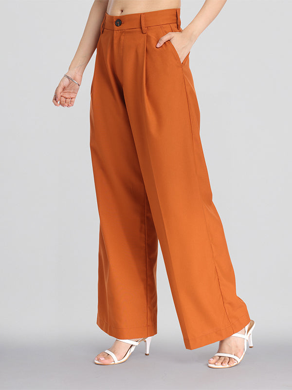 Chic By Tokyo Talkies Women Rust Solid Straight Fit Casual Trouser - Rust - Image 4