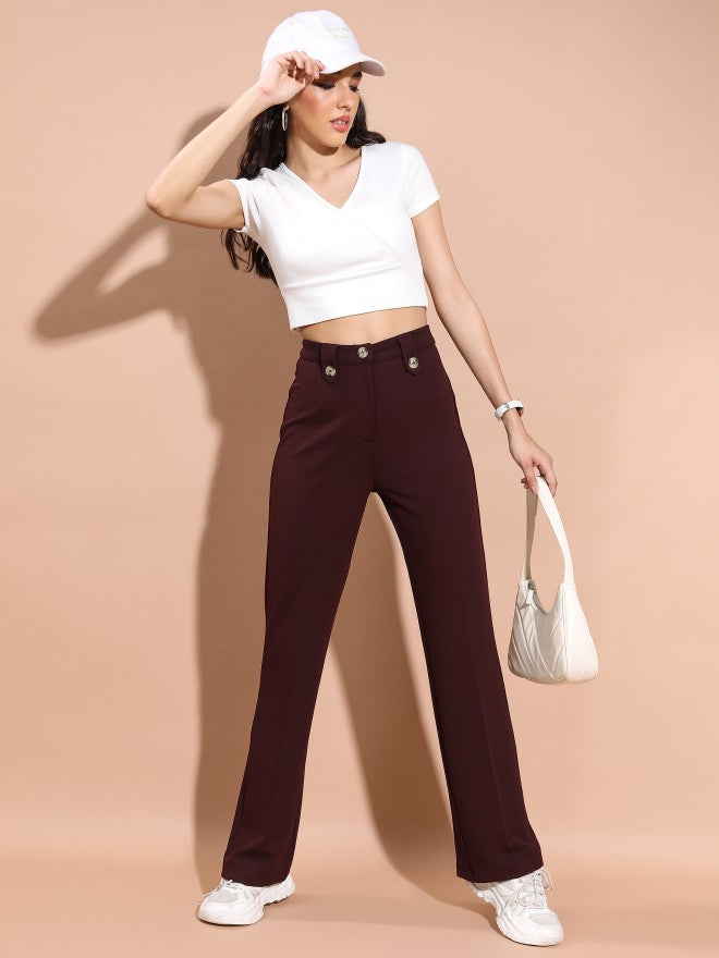 Tokyo Talkies Women Brown Solid Flared Casual Trouser - Brown - Image 2