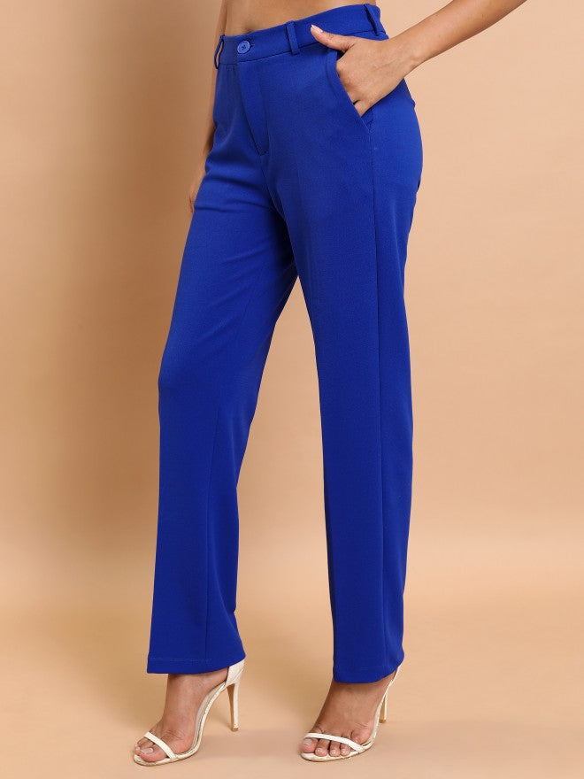 Tokyo Talkies Women Blue Solid Regular Fit Casual Trouser - Blue - Image 4