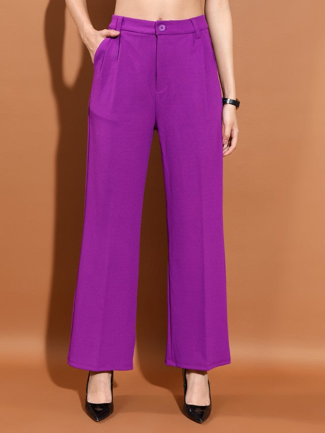Tokyo Talkies Women Purple Solid Straight Fit Casual Trouser - Purple - Image 1